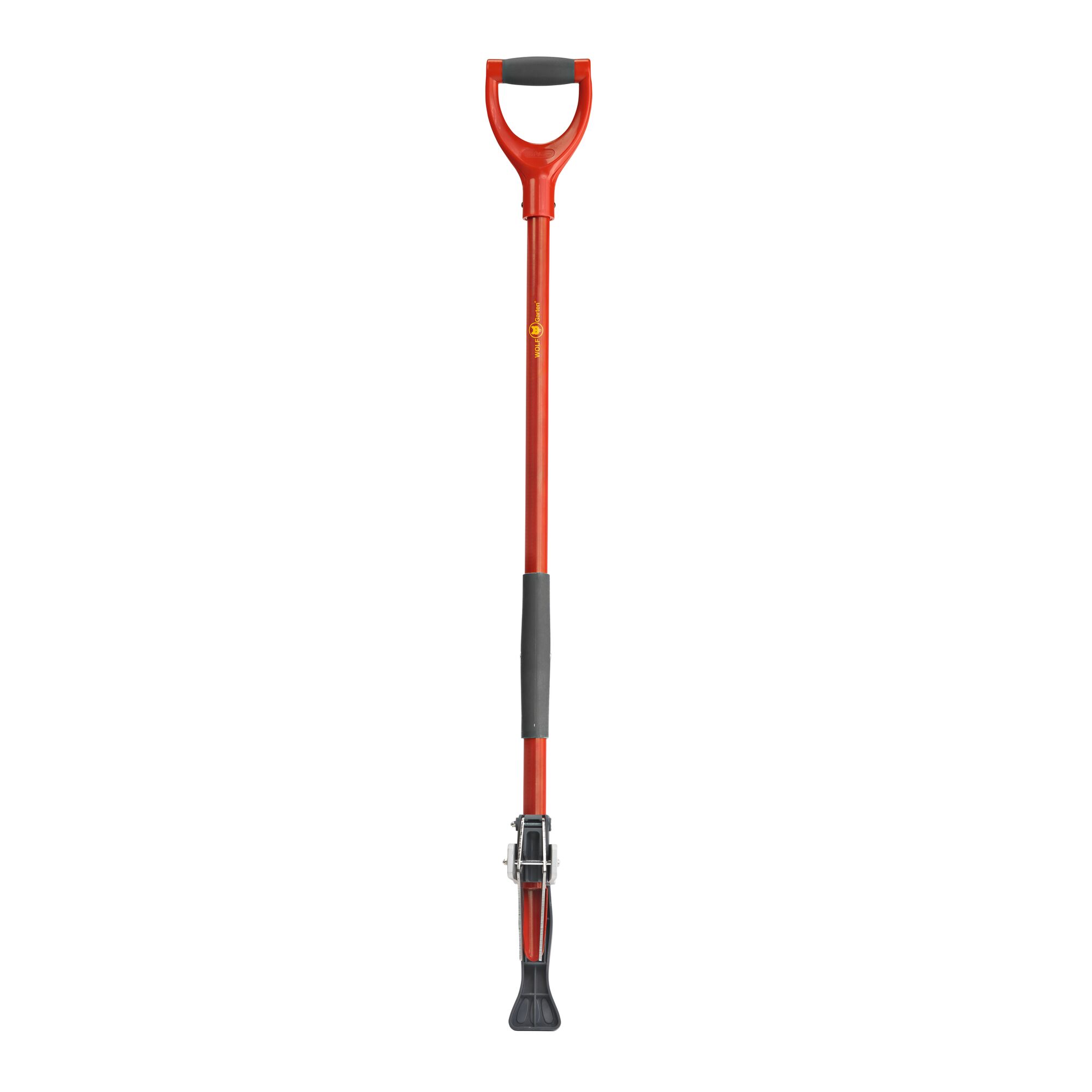 A red gardening tool handle with a D-shaped grip at the top, a padded section in the middle, and a locking mechanism near the base. The base has a black plastic end for connecting various garden tool heads. The product is shown against a white background.