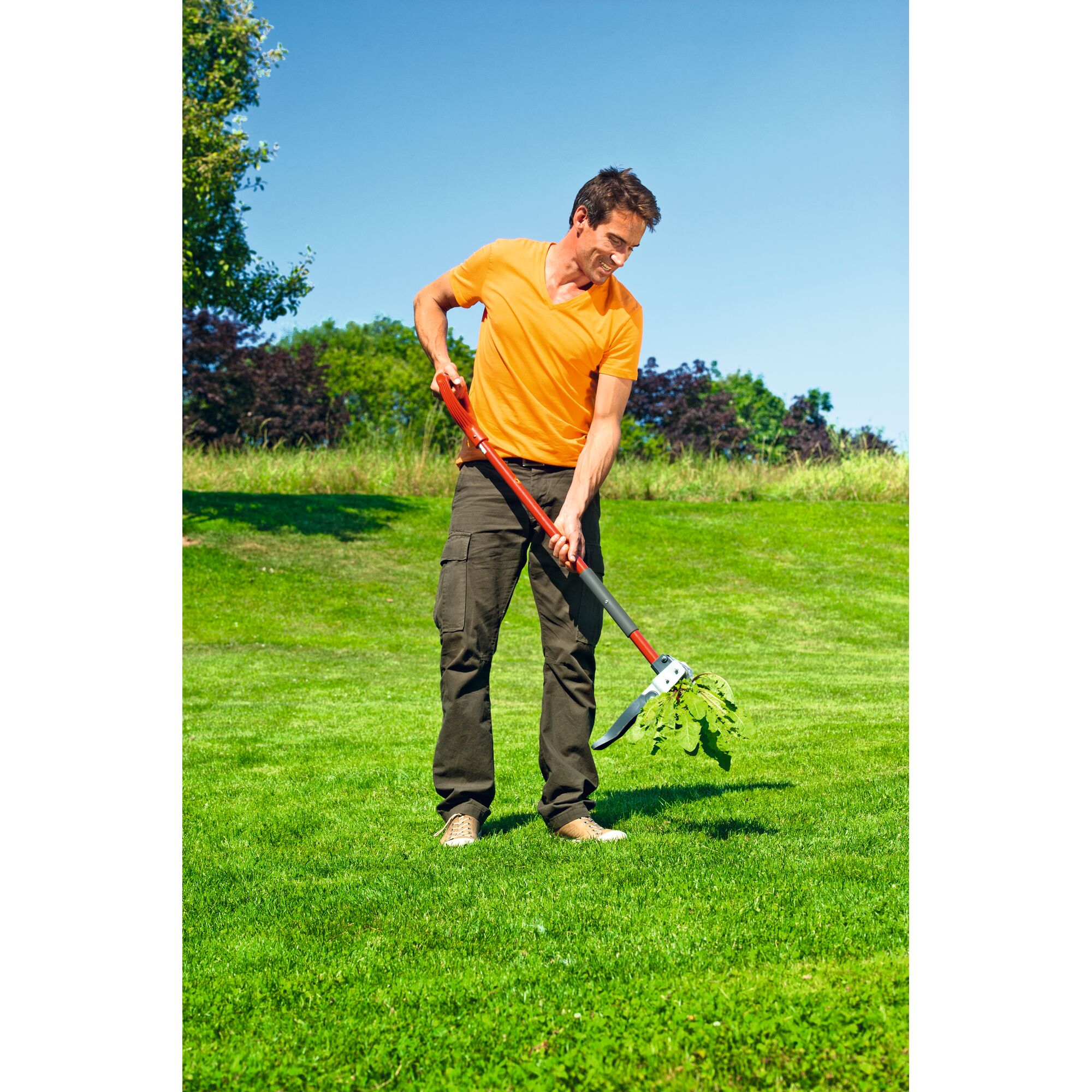 A person with a blurred face using a WOLFGarten long-handled weeding tool to remove weeds from a grassy lawn on a sunny day.