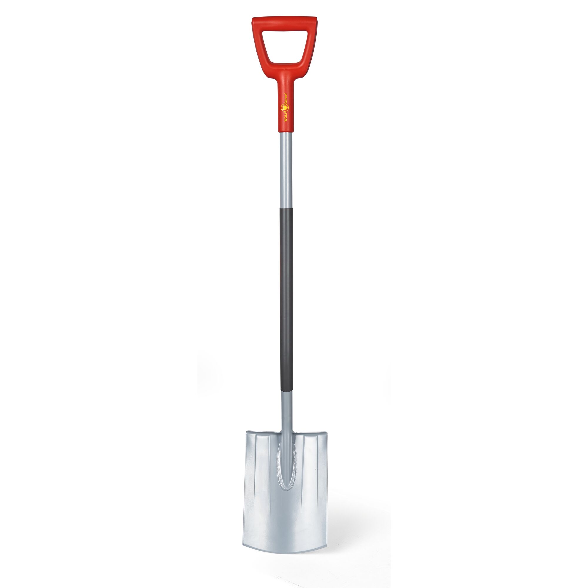A garden spade with a red D-shaped handle, a long metal shaft, and a silver blade, placed vertically against a white background.