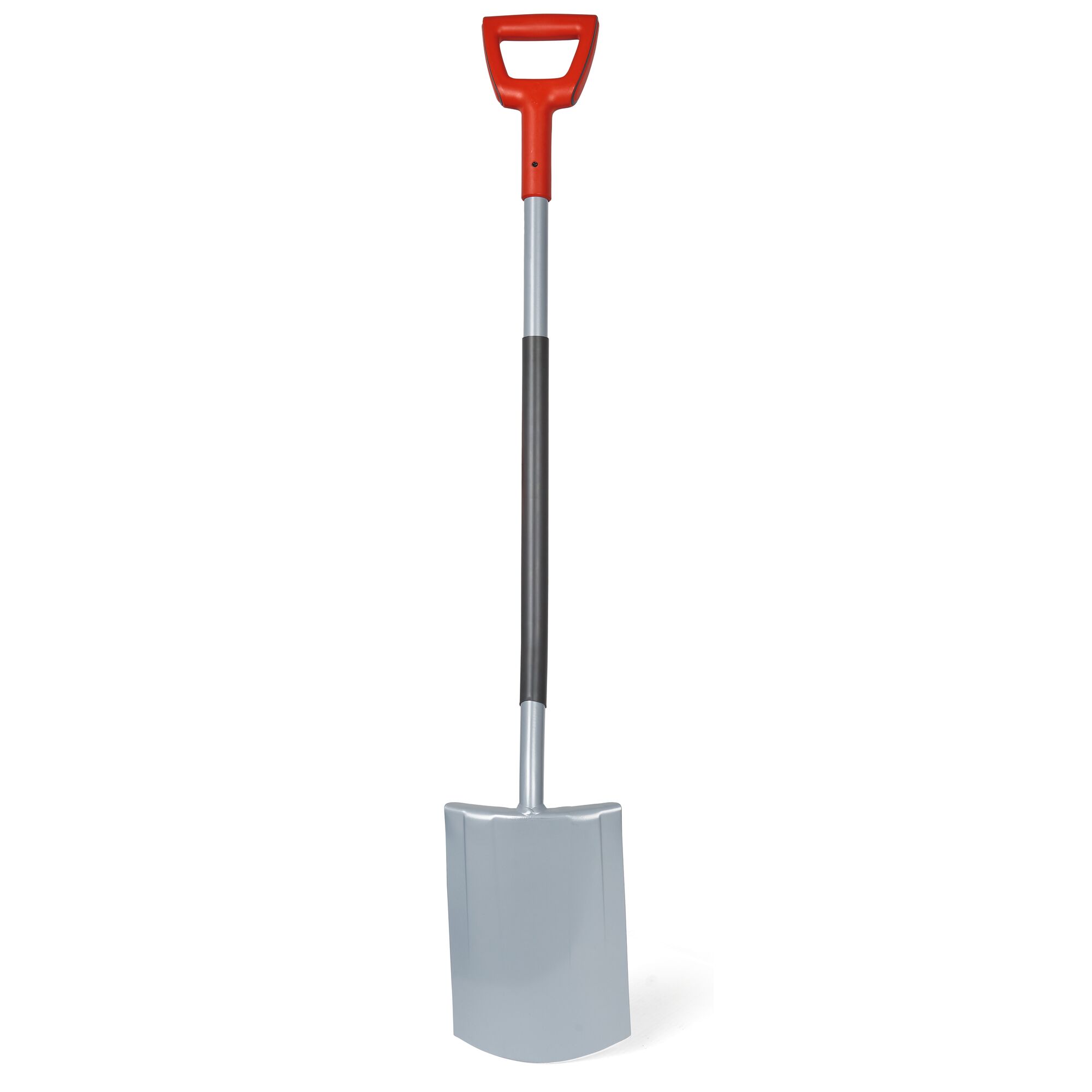 A garden shovel with a red handle, a grey metal shaft, and a wide grey blade, photographed on a white background.