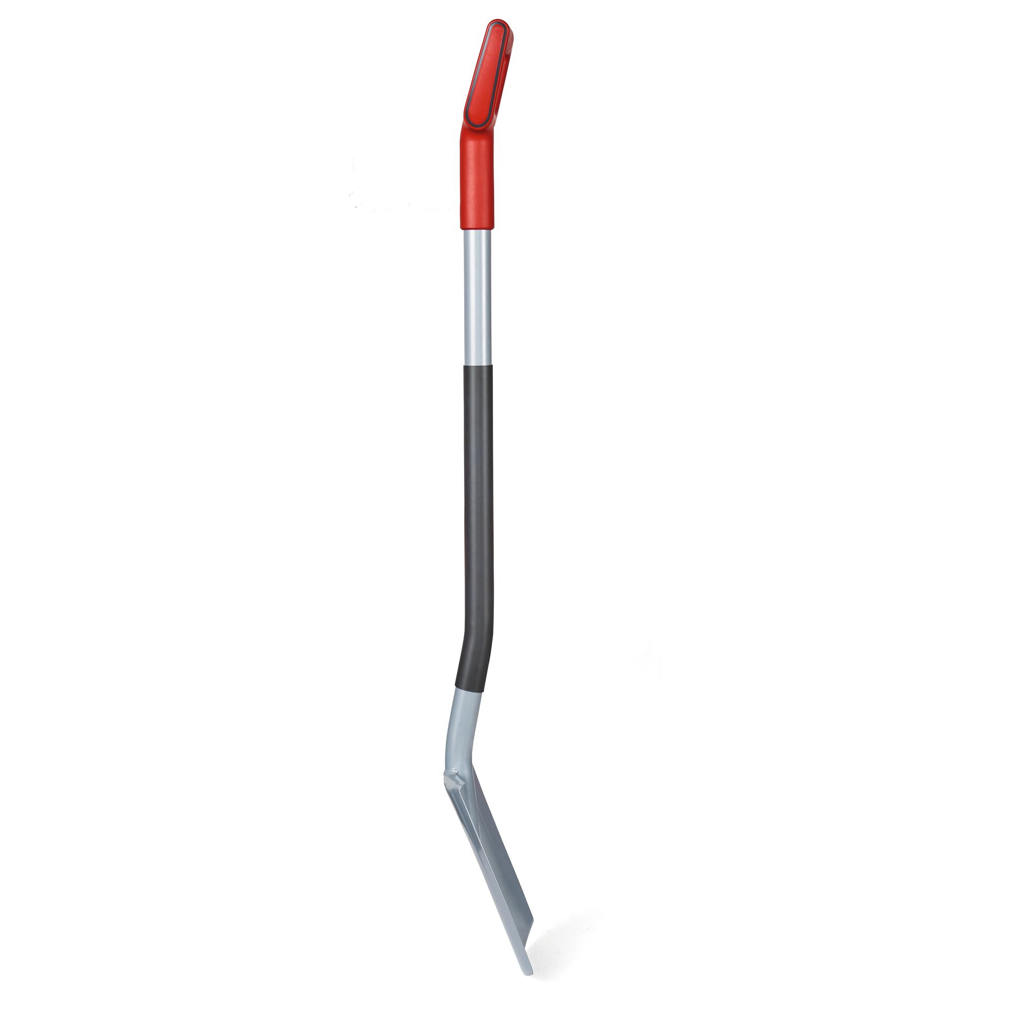 A gardening tool with a metal blade bent at an angle, a black and silver shaft, and a red handle, photographed on a white background.