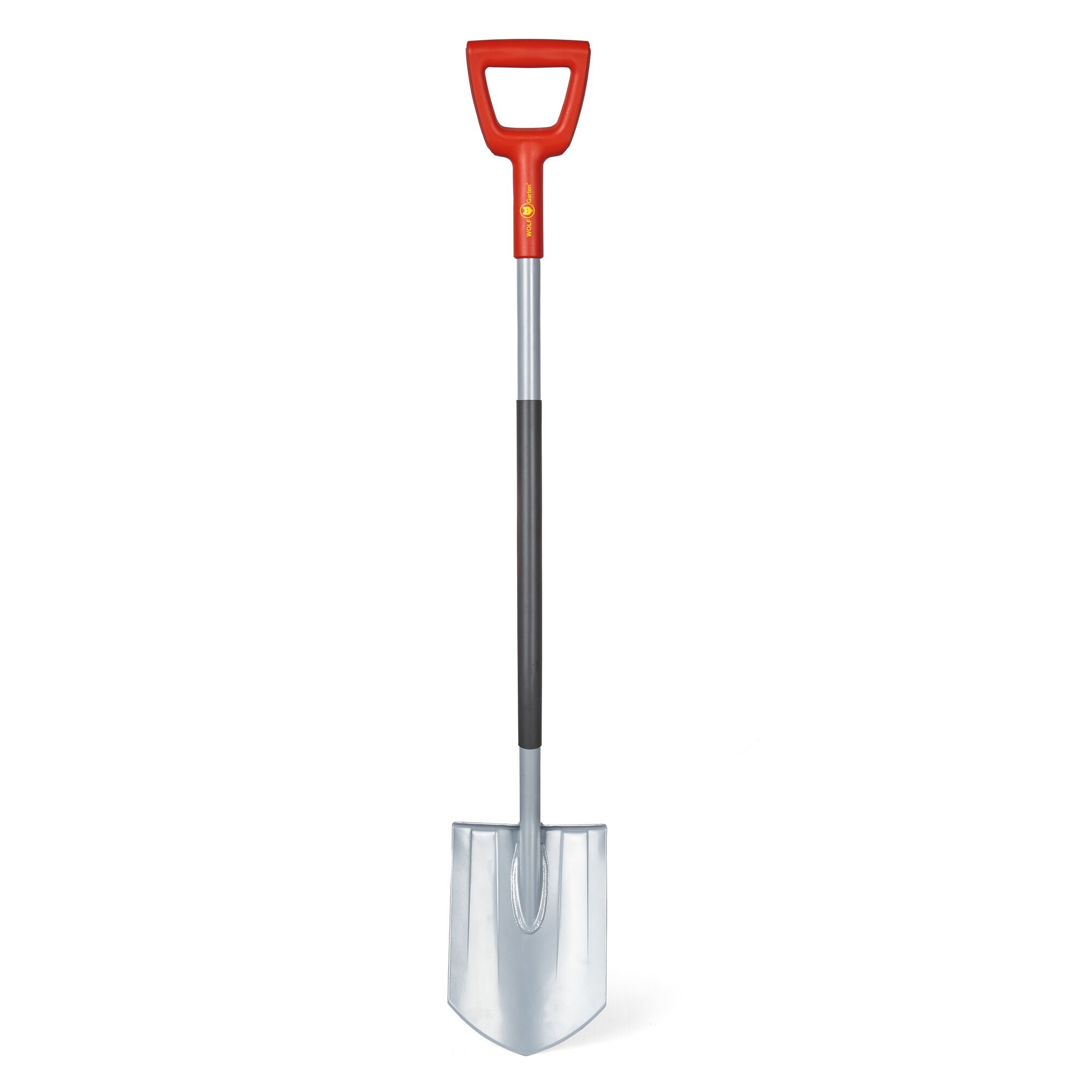 A garden spade with a red D-grip handle, a long gray shaft, and a metal blade, shown against a white background.