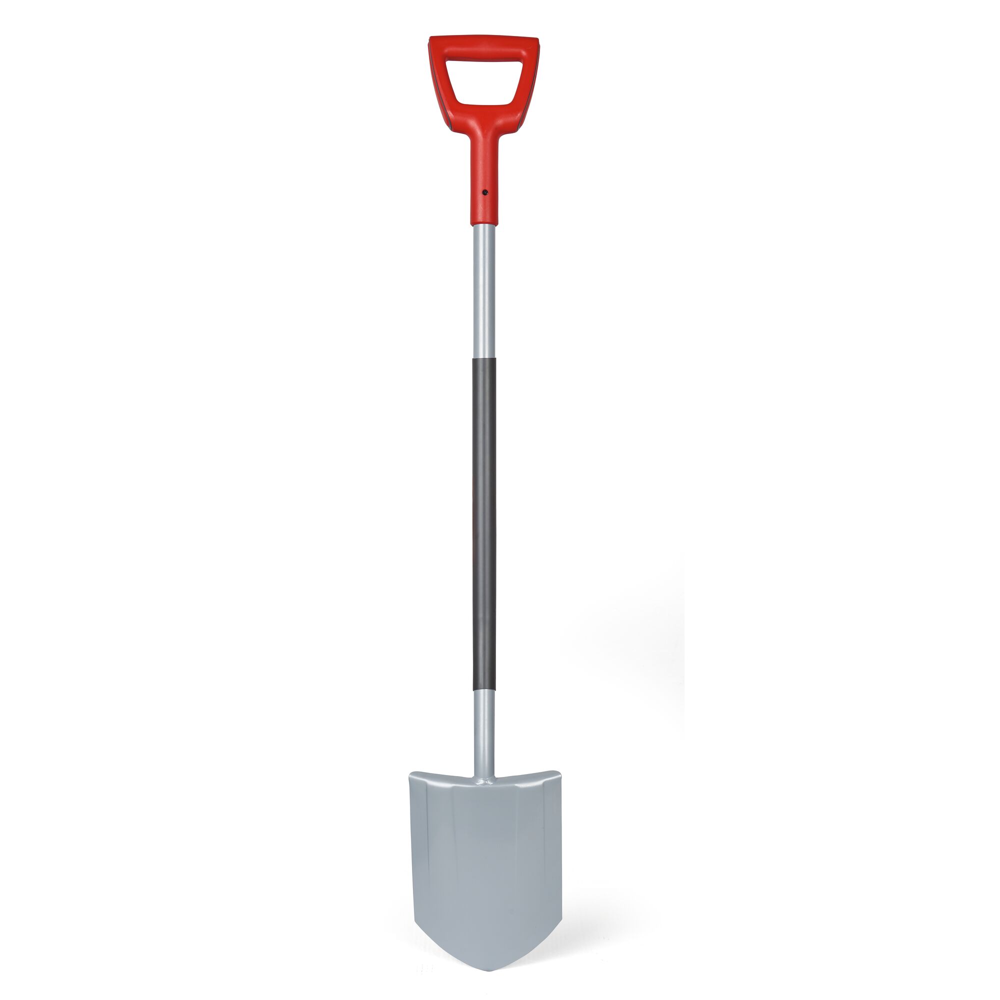 A garden spade with a red D-shaped handle, a metal shaft, and a grey blade, shown against a white background.