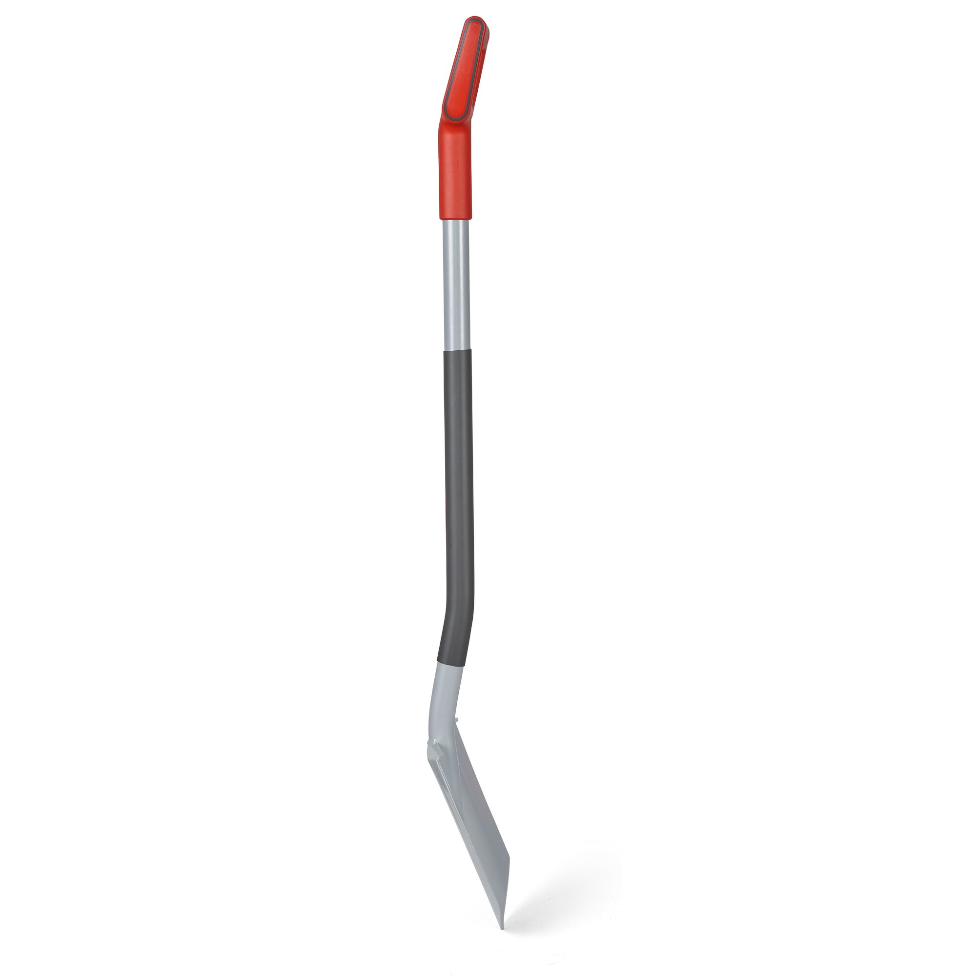 A garden hoe with a metal blade, a long handle that is mostly grey, and a red ergonomic grip. The tool is photographed on a white background.