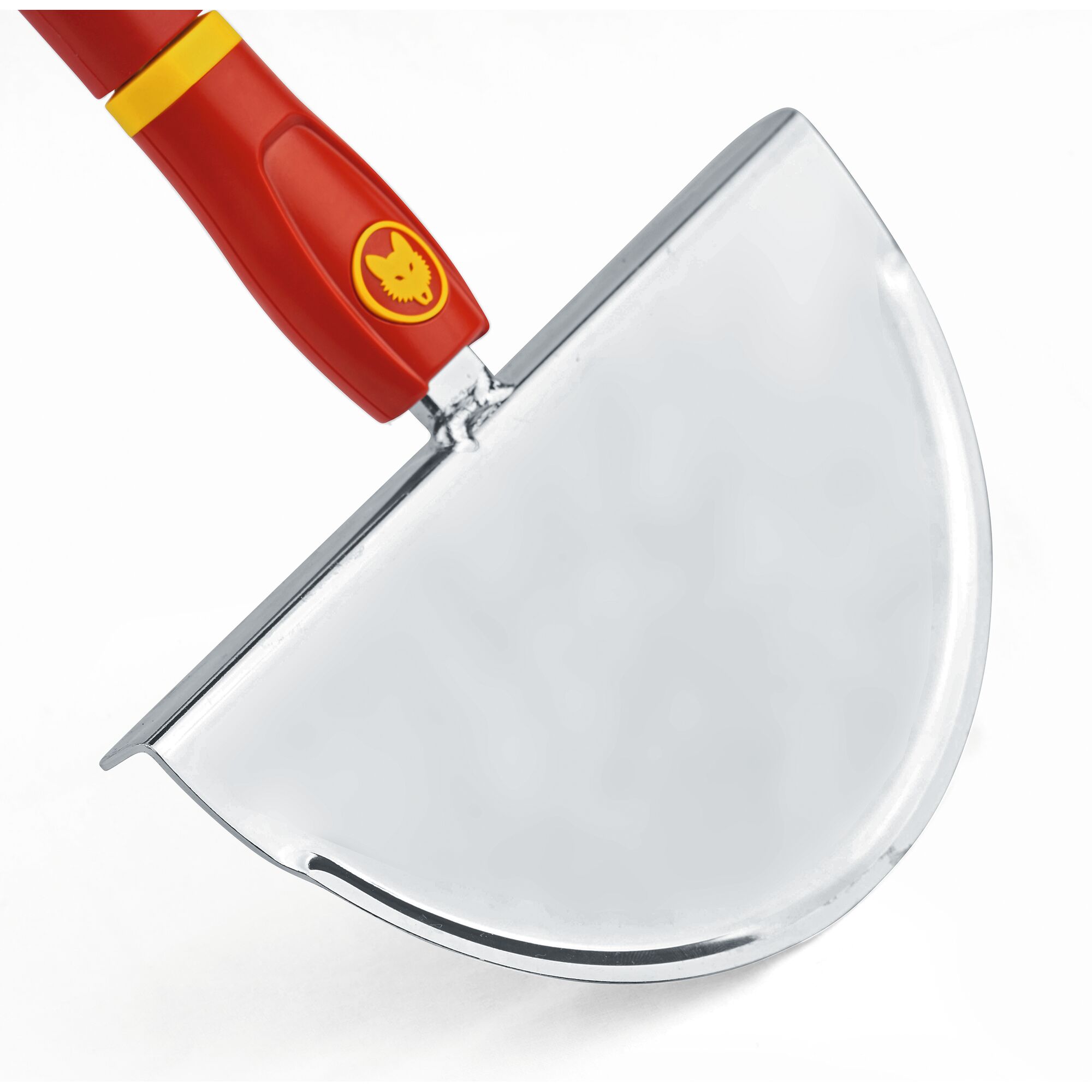 Close-up image of a WOLFGarten gardening tool with a red and yellow handle and a shiny, half-moon shaped metal blade, used for edging lawns.