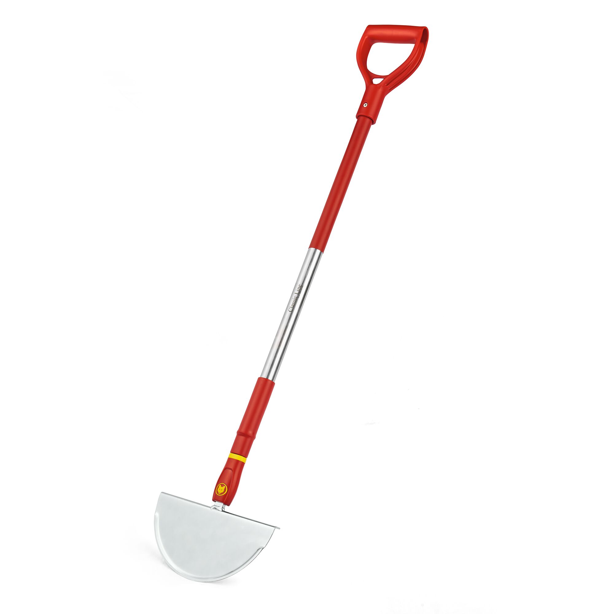 A red and silver garden edging tool with a semi-circular metal blade and a D-shaped handle.