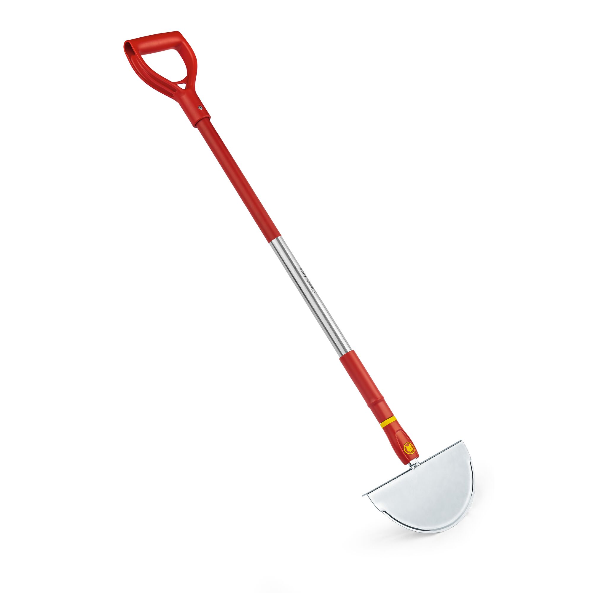 A WOLFGarten garden edging tool with a red and silver handle and a semi-circular metal blade, used for creating clean edges along garden beds.