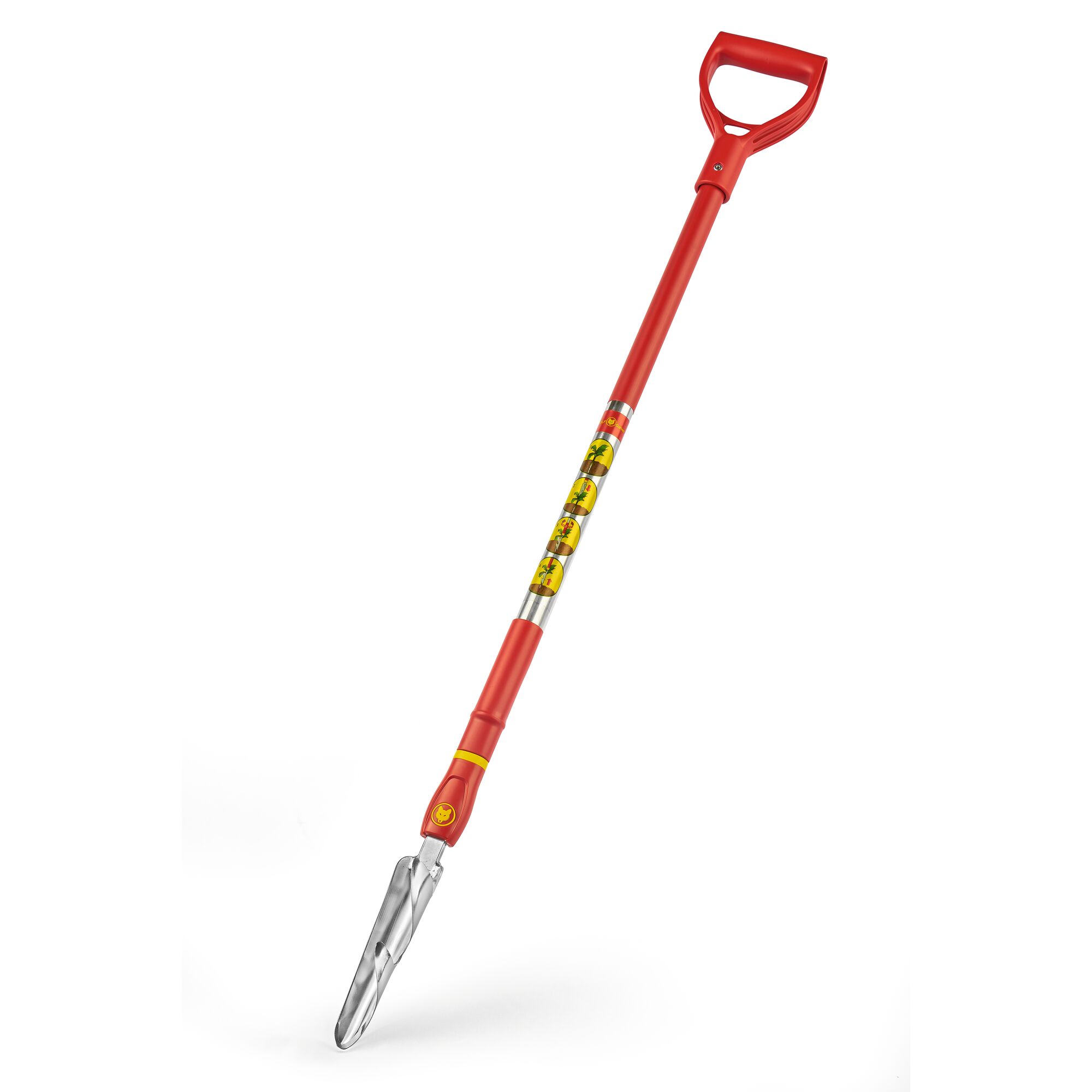 A red-handled garden tool with a metal blade designed for digging or planting, featuring a D-shaped grip and yellow sticker labels on the shaft.