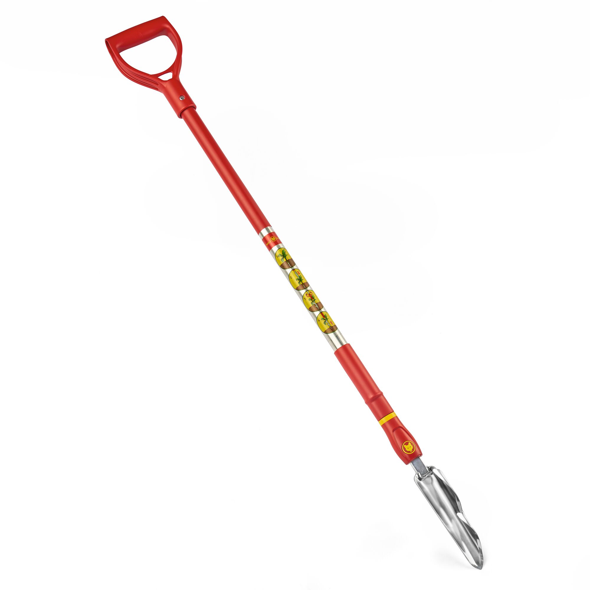 A red-handled garden tool with a metal digging blade, designed for bulb planting. The handle features a D-grip and decorative labels along the shaft.
