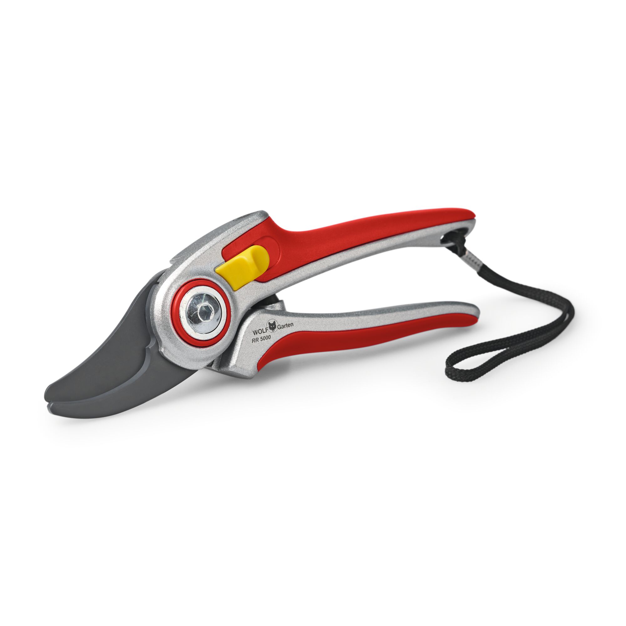 A pair of WOLF Garten garden secateurs with red and silver handles, a yellow lock mechanism, and a black cutting blade. The secateurs feature a wrist strap at the end of the handle.