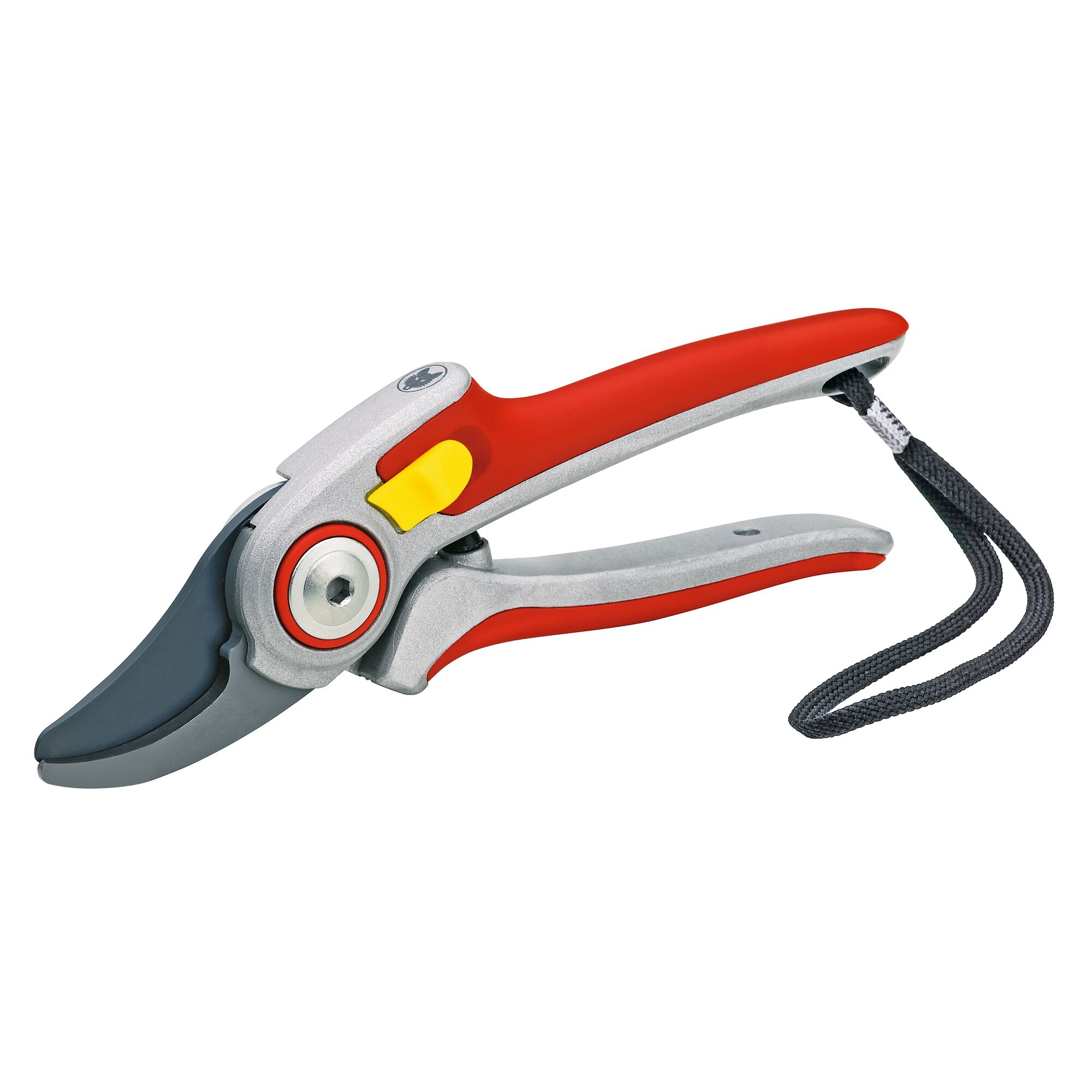 A pair of garden pruning shears with a red and silver handle, yellow safety lock, a black cutting blade, and a black wrist strap.