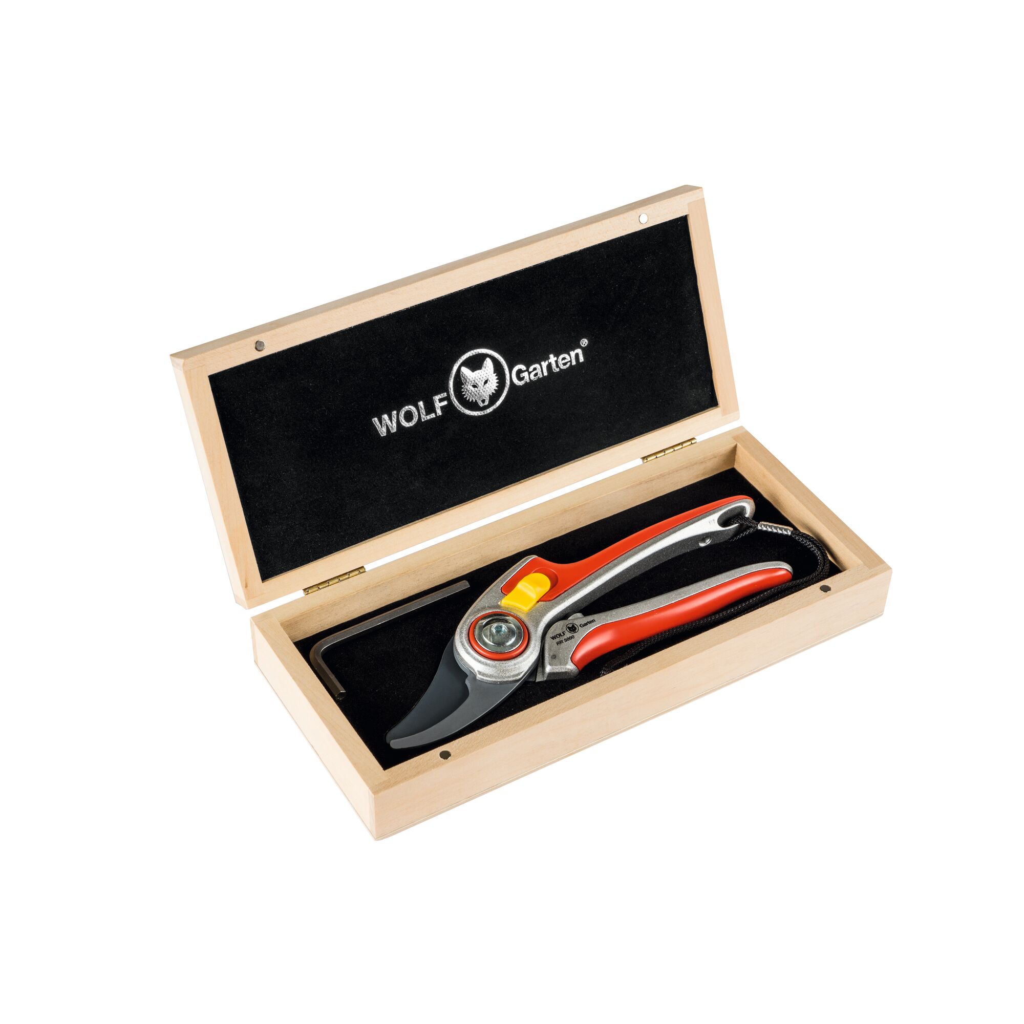 A WOLF Garten branded wooden box with a pair of red and silver garden secateurs inside, designed for pruning.