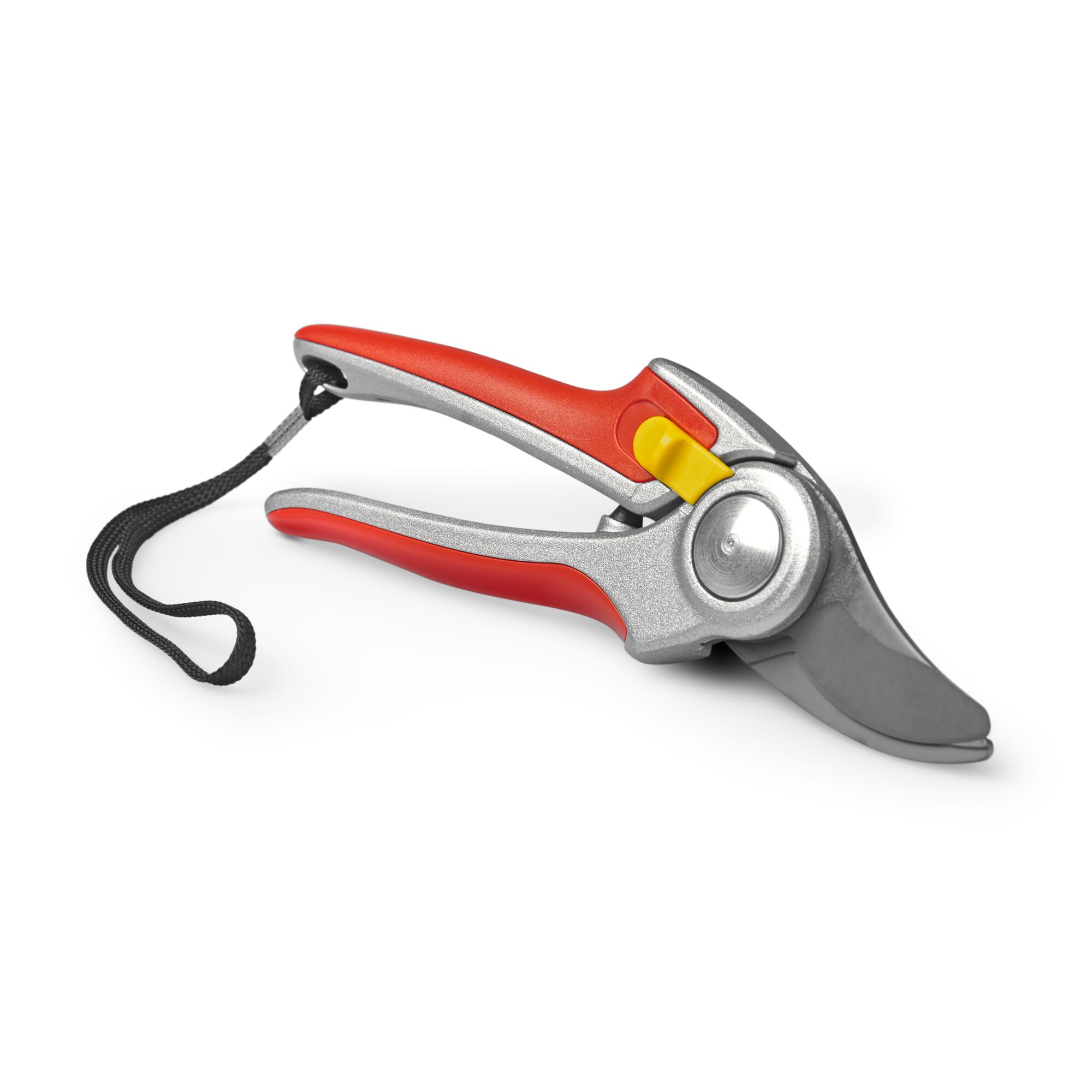 A close-up image of a garden pruning shear with a silver metallic body, red handles, yellow locking mechanism, and a black wrist strap.