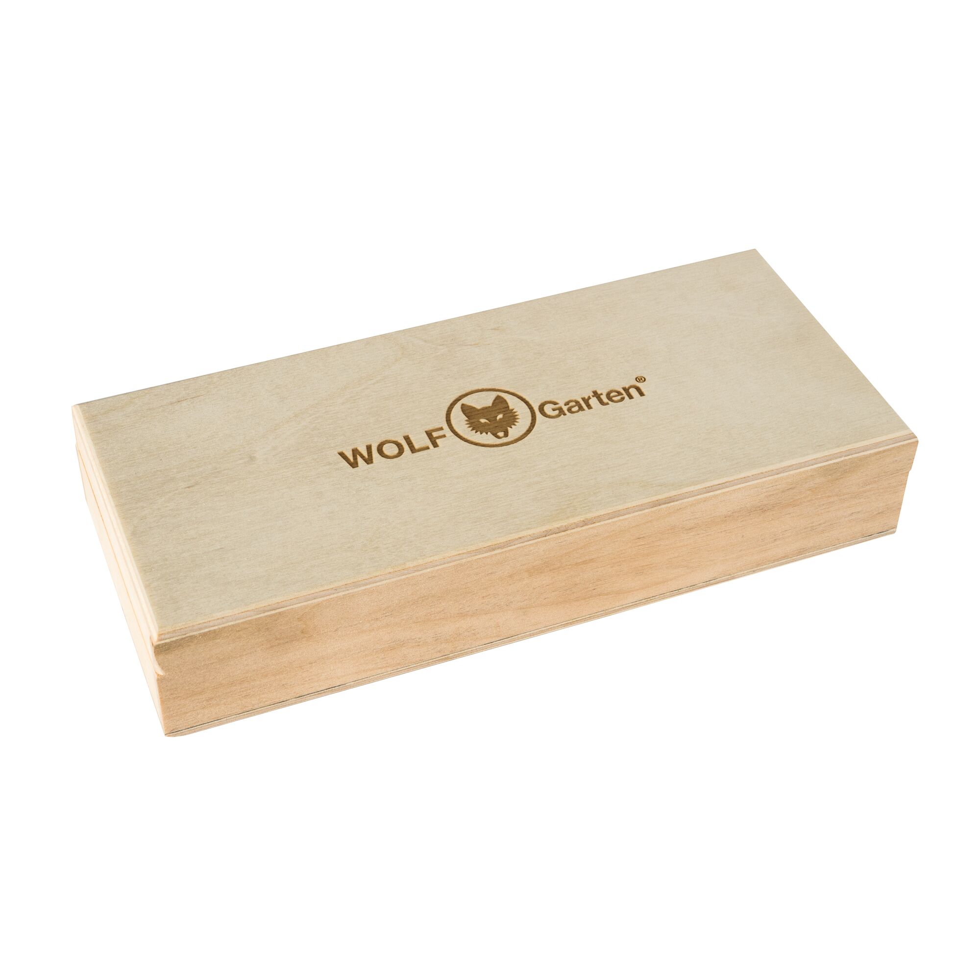 A rectangular wooden box with the WOLF Garten logo and name engraved on the lid.
