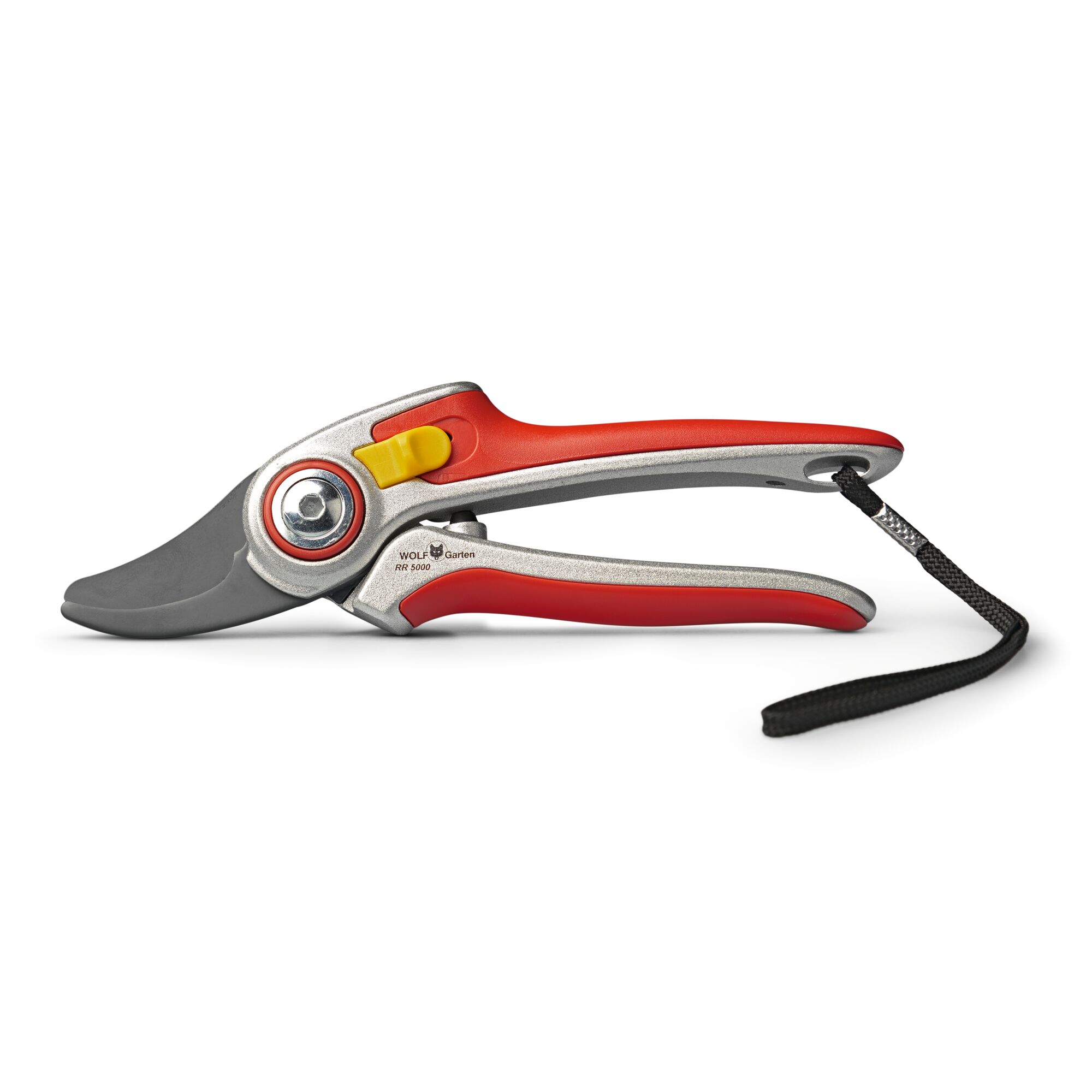 A pair of WOLF Garten garden pruning shears with a red and silver handle, a yellow safety lock, and a black wrist strap.