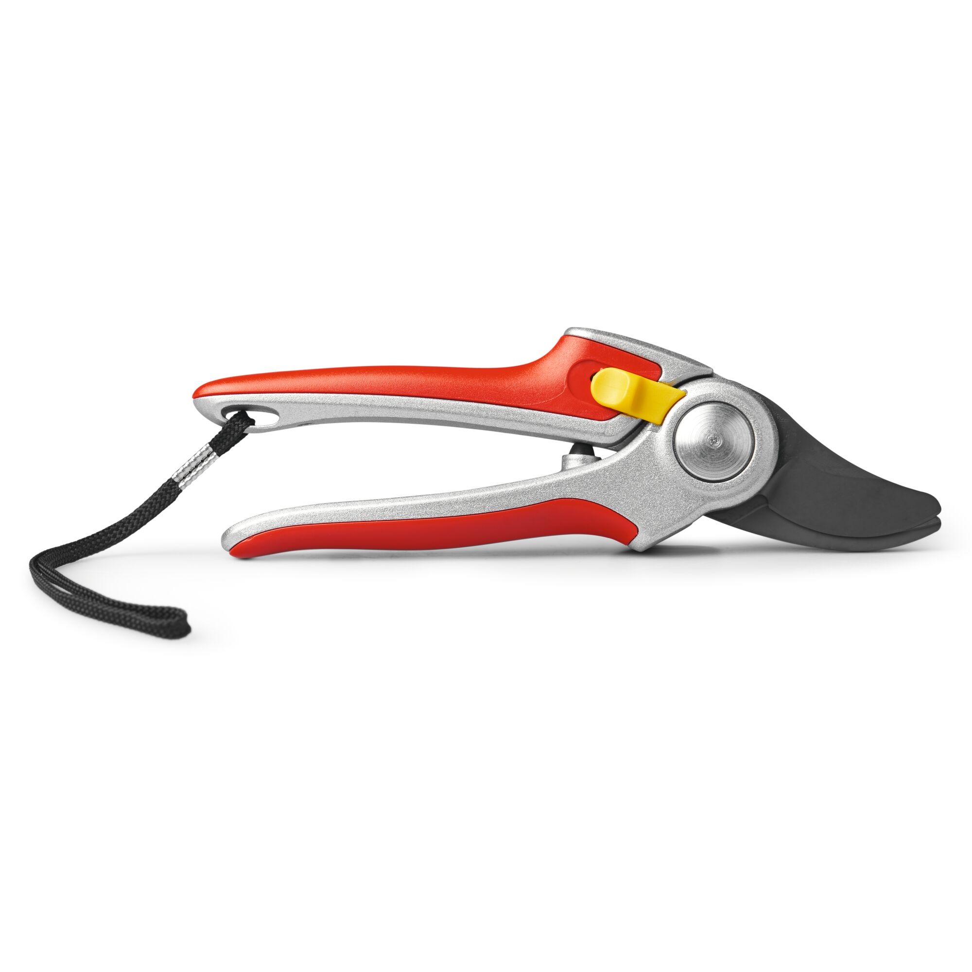 A pair of garden secateurs with a red and silver handle, yellow locking mechanism, black blade, and a black wrist strap.