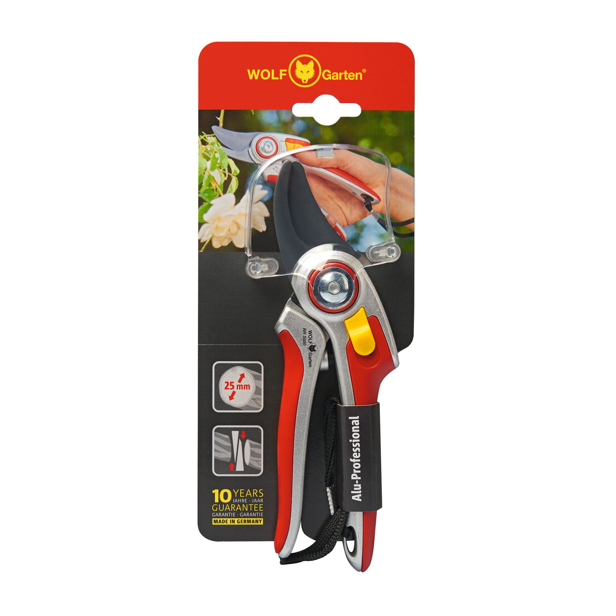 WOLF-Garten Alu-Professional pruning shears in retail packaging, showing red and silver handles, blade guard, and product details such as 25 mm cutting capacity and a 10-year guarantee.
