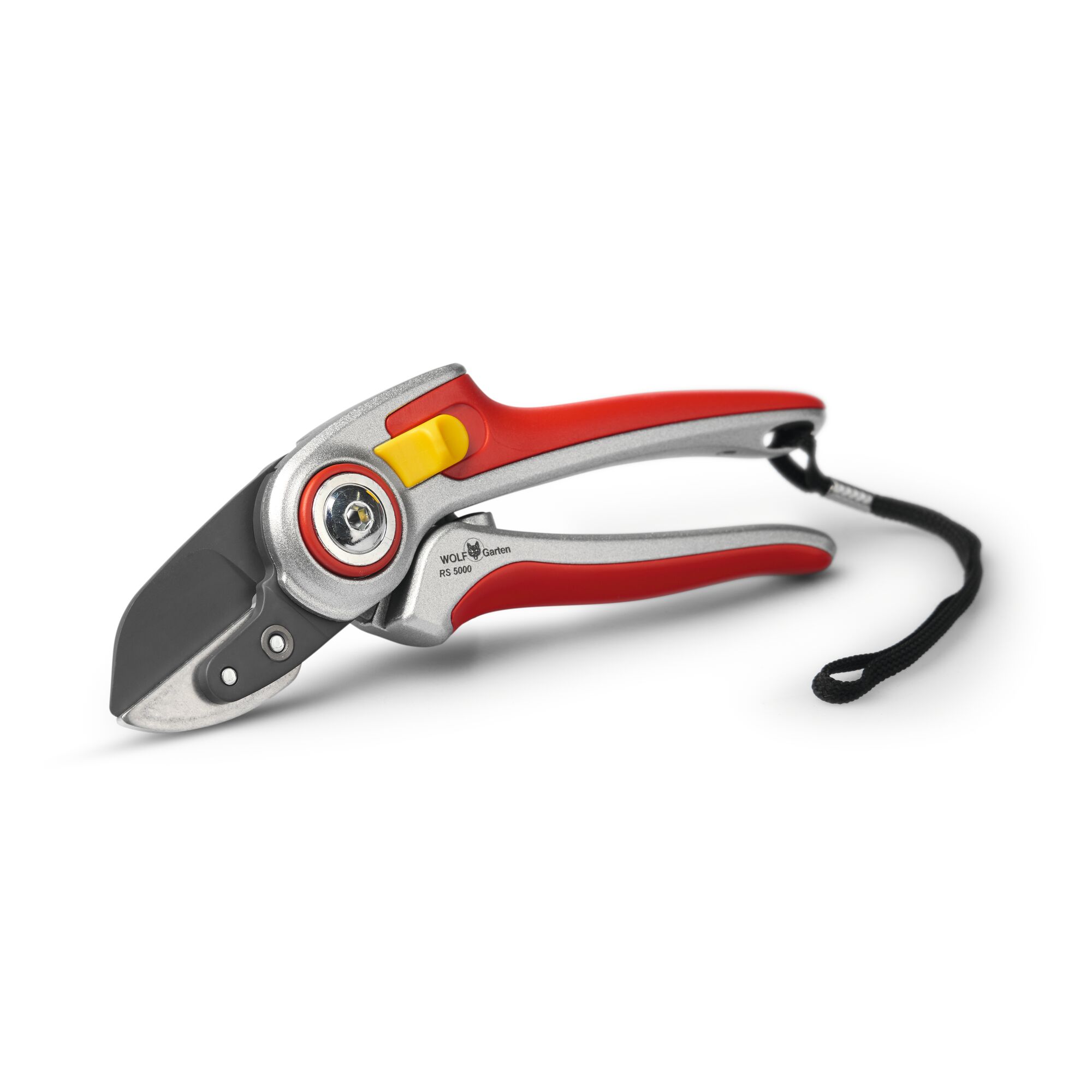 A pair of WOLF-Garten pruning shears with a red and silver handle, yellow safety lock, and a black wrist strap. The shears are designed for precise cutting of plant stems and branches.