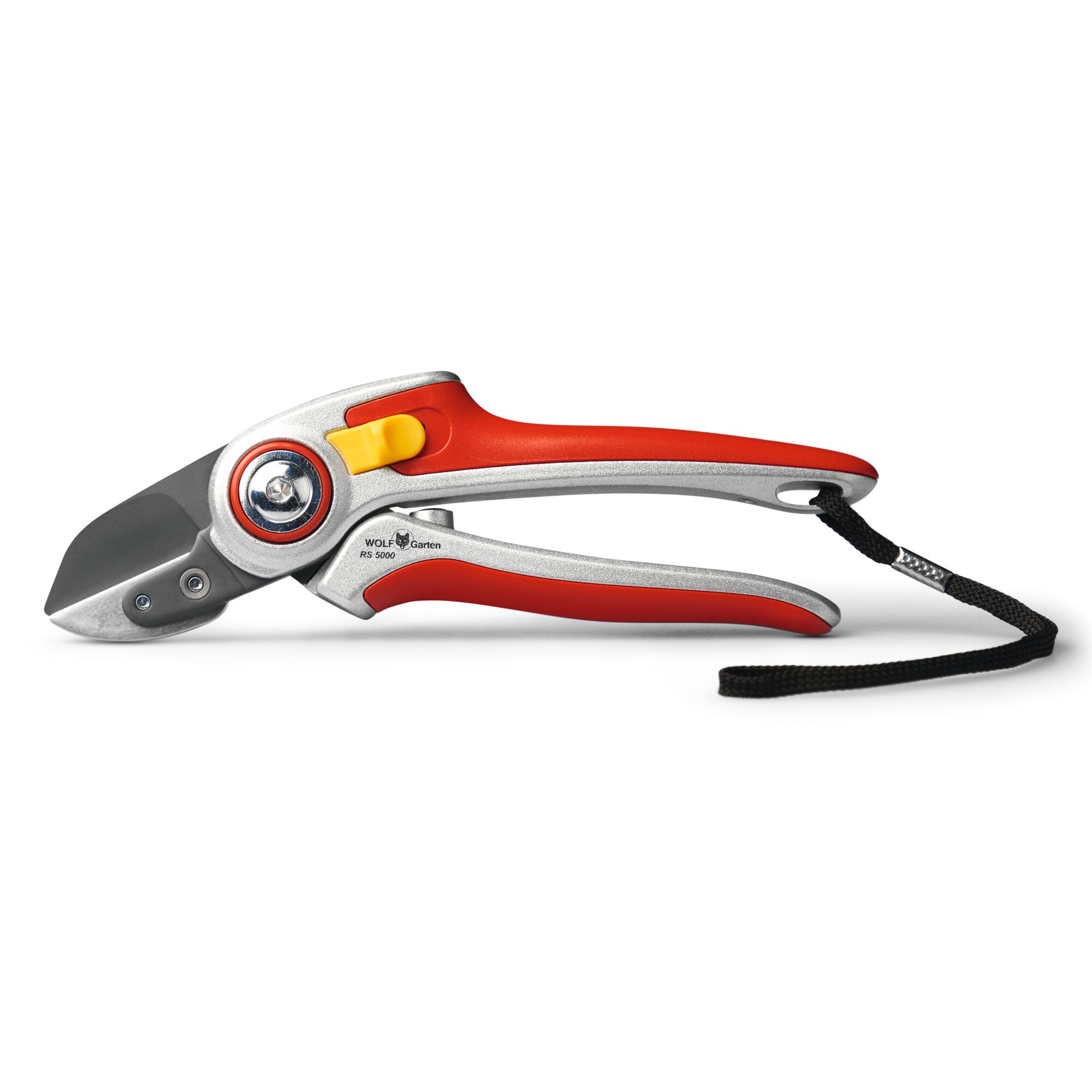 A close-up view of a red and silver WOLF Garten gardening pruner with a black strap attached to the handle, designed for precise cutting of branches and stems.