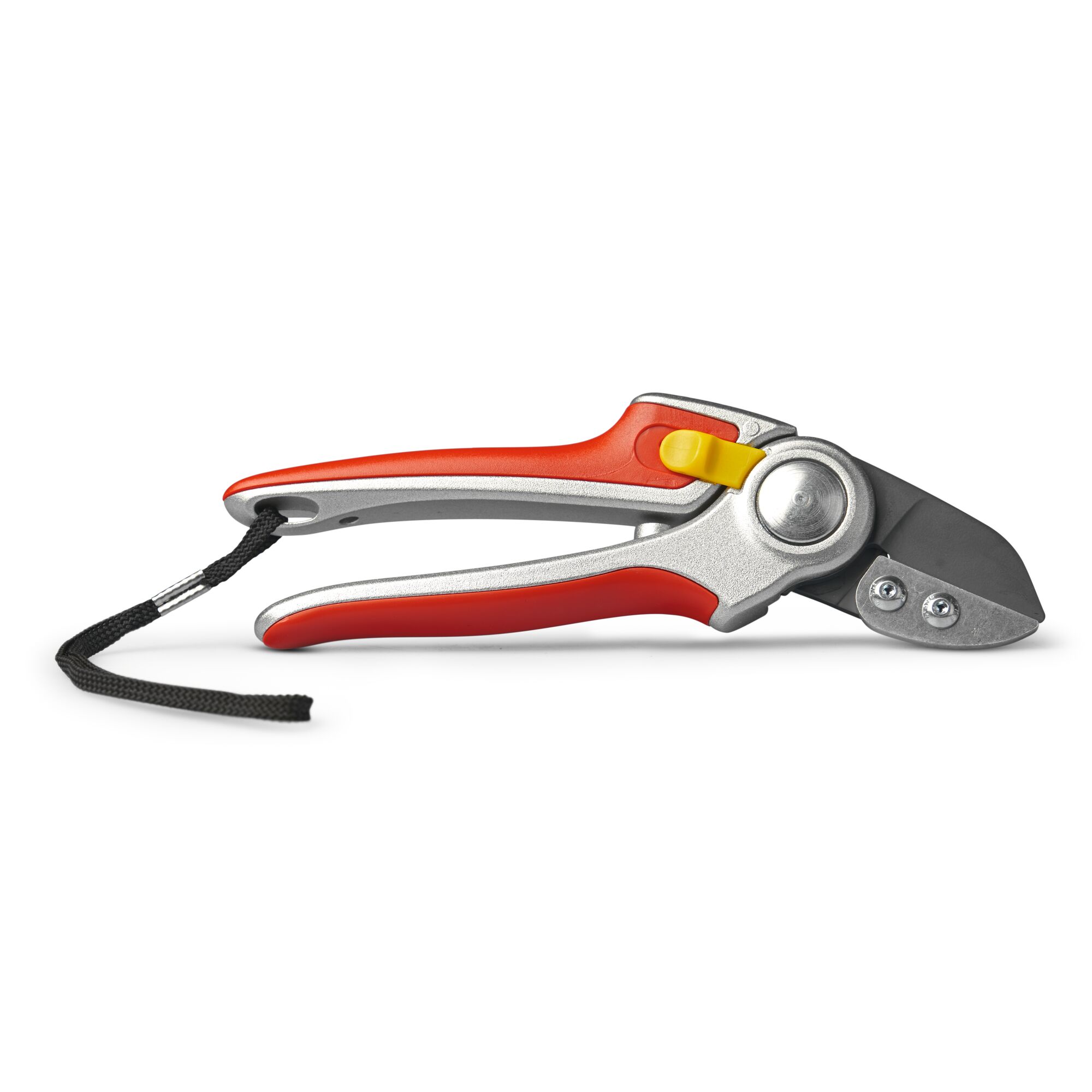 A close-up image of a red and silver garden pruning shear with a black wrist strap and a yellow safety lock, designed for cutting branches and stems.