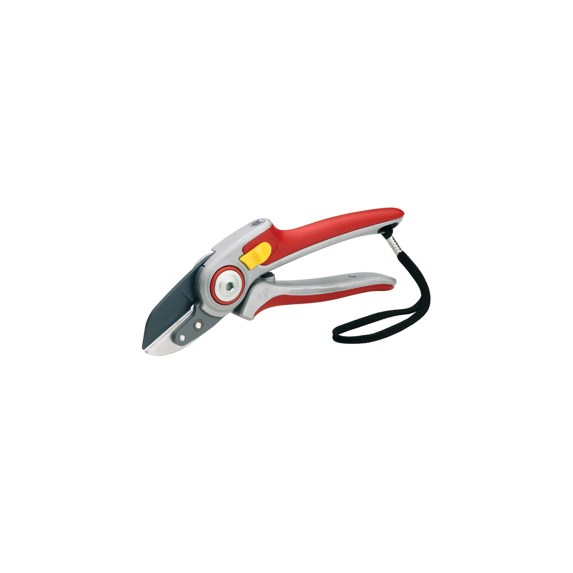 A red and silver garden pruning shear with a black wrist strap and a yellow lock button, isolated on a white background.
