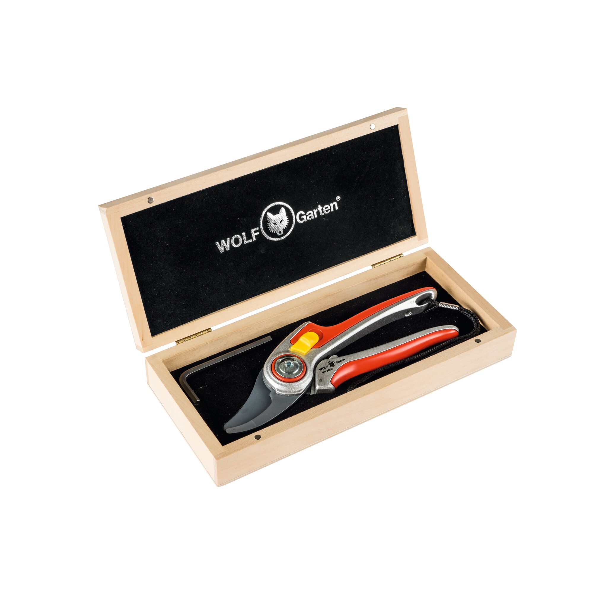 A pair of WOLF-Garten pruning shears with a red and silver handle, presented in a wooden gift box lined with black fabric. The lid of the box is open and displays the WOLF-Garten logo.