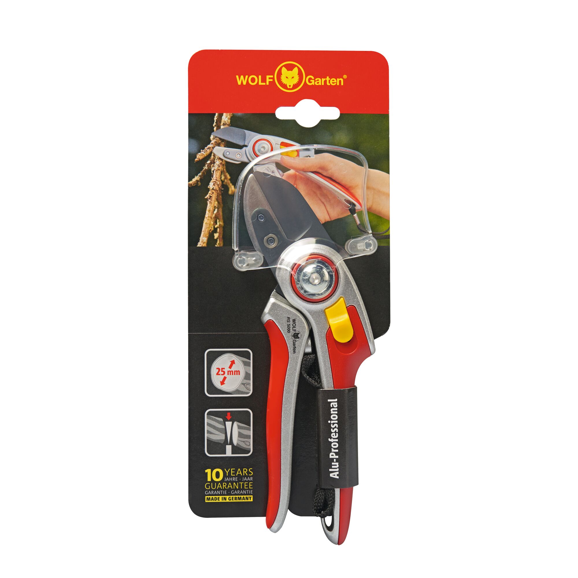 WOLF-Garten professional aluminum pruning shears in packaging, suitable for cutting branches up to 25 mm, featuring a red and silver handle with yellow safety lock, 10-year guarantee, made in Germany.
