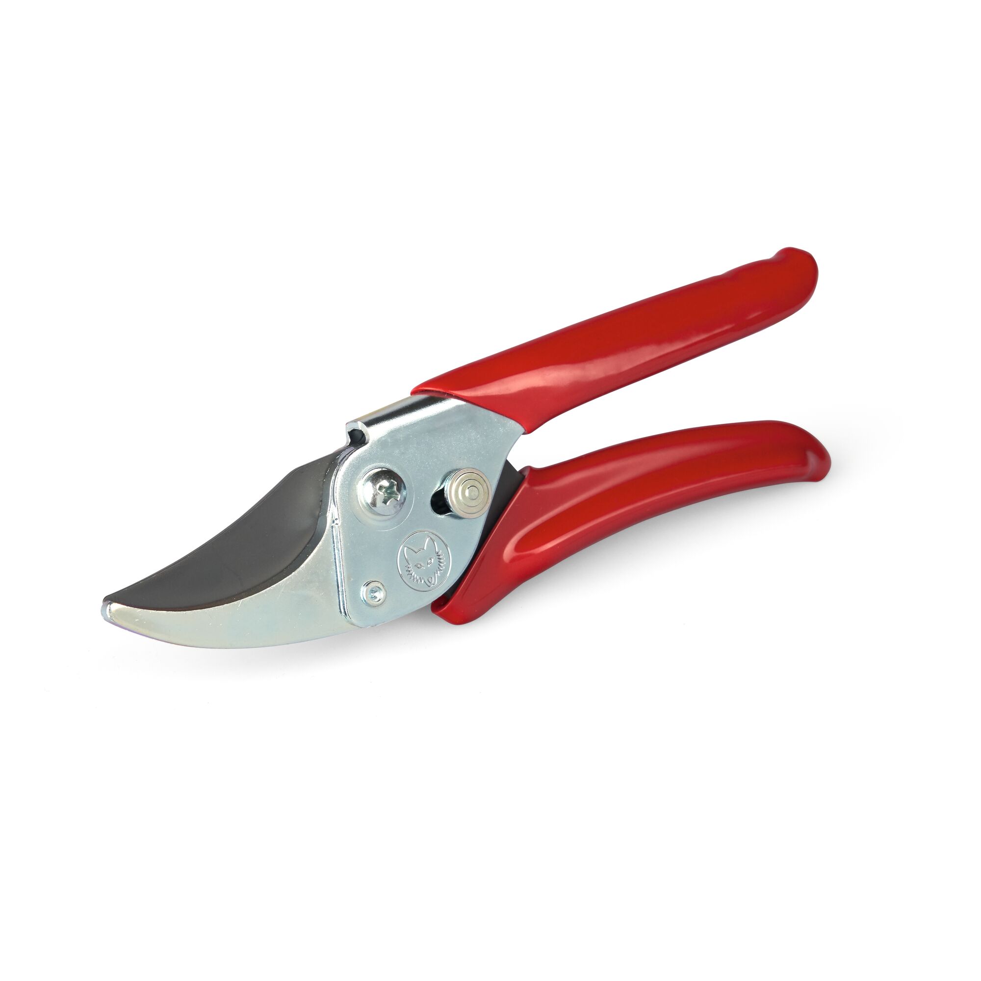 A pair of garden secateurs with red handles and a metal blade, photographed on a white background.