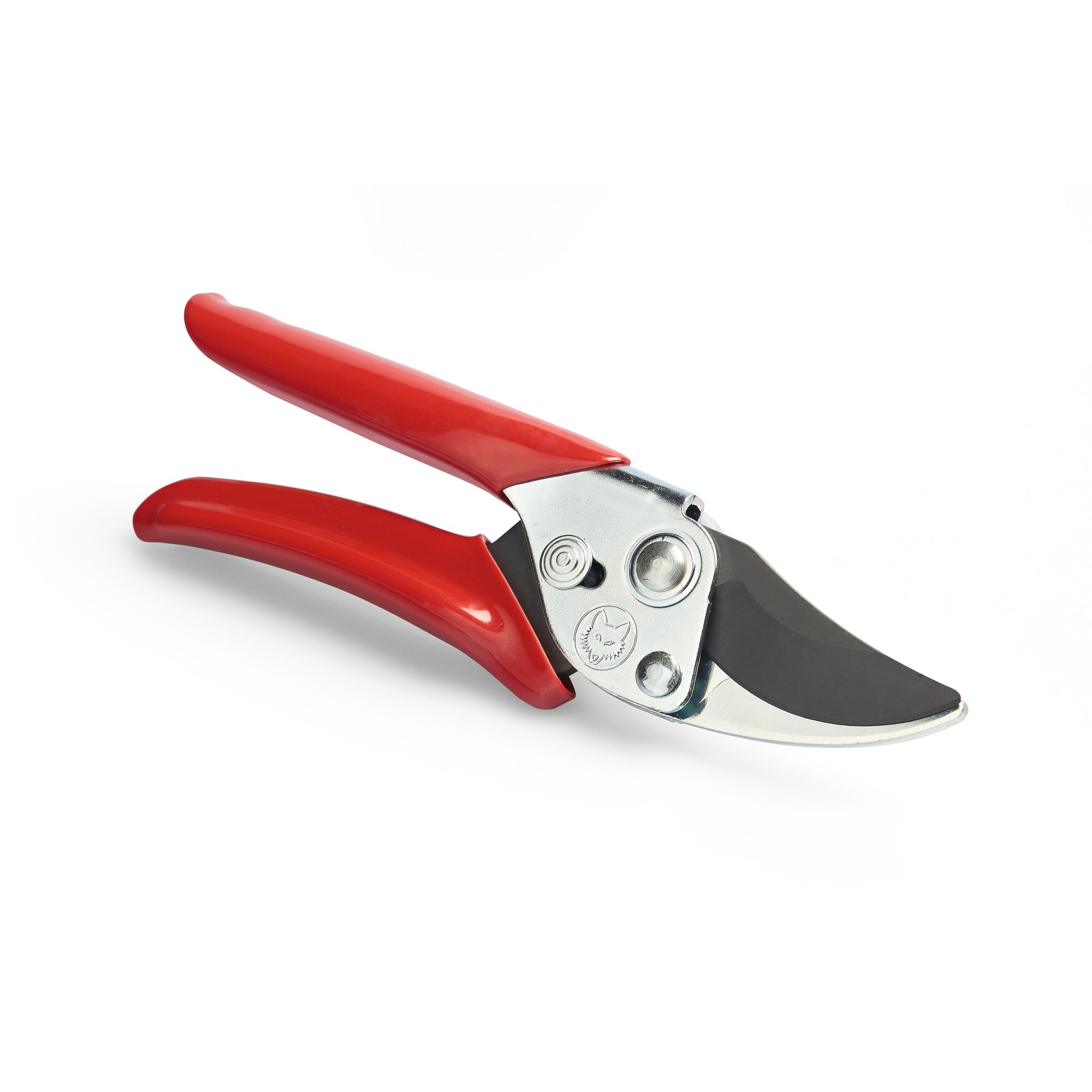 A pair of garden pruning shears with red handles and a metal cutting blade, shown against a white background.