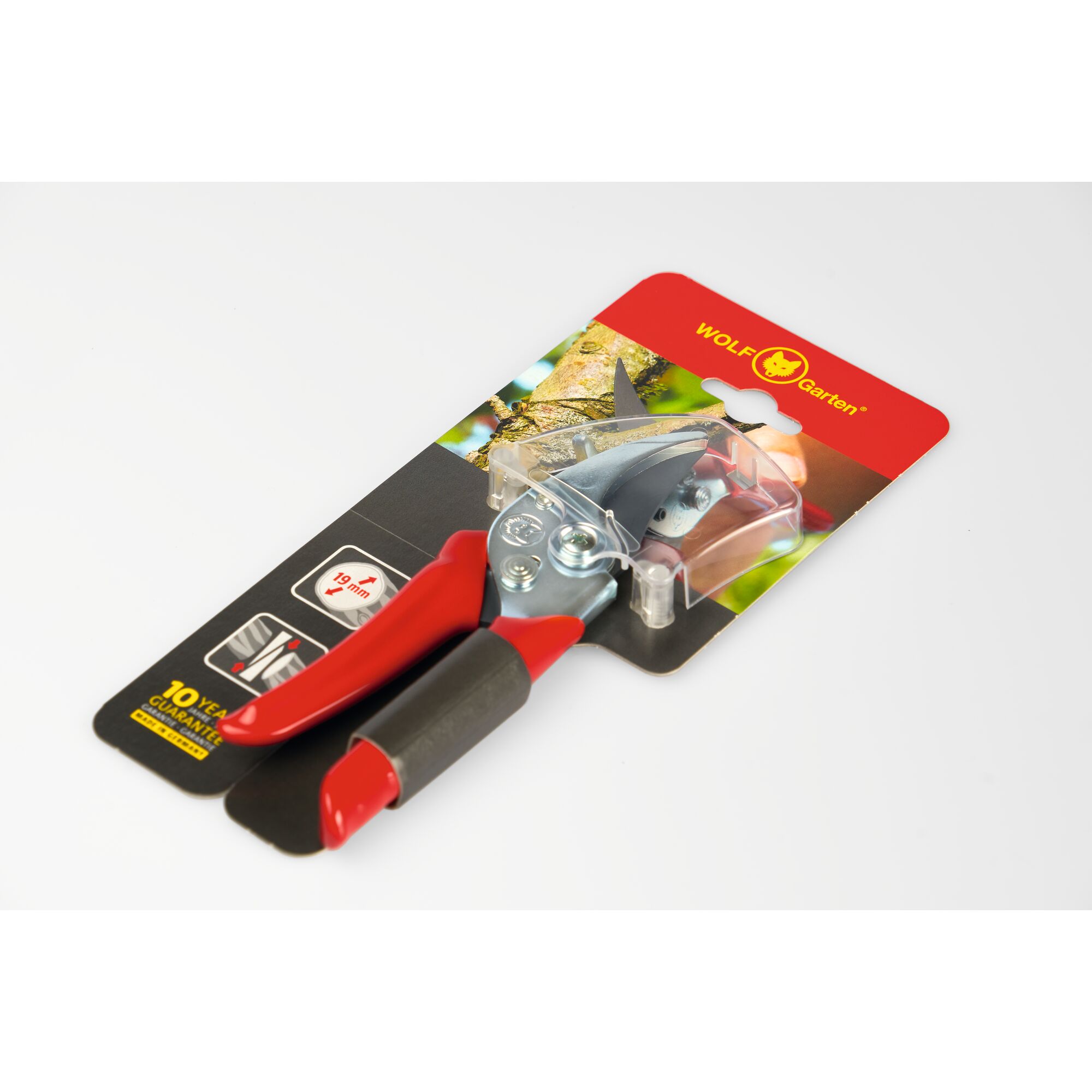 WOLF-Garten garden pruning shears with red handles, displayed in retail packaging on a white background.