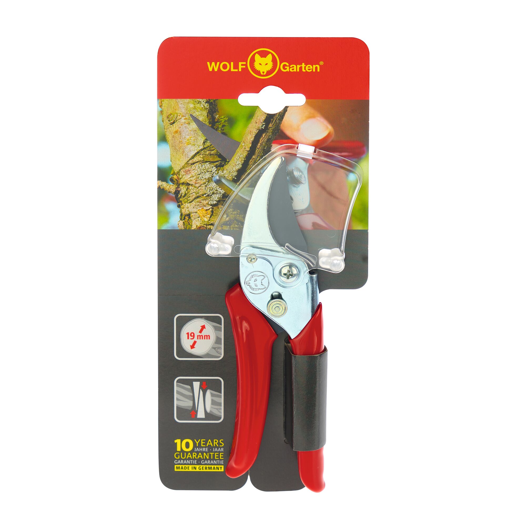WOLFGarten pruning shears in retail packaging, featuring red handles and a shiny metal blade. The packaging shows the tool being used to cut a branch and highlights a 19 mm cutting capacity, a 10-year guarantee, and German manufacturing.