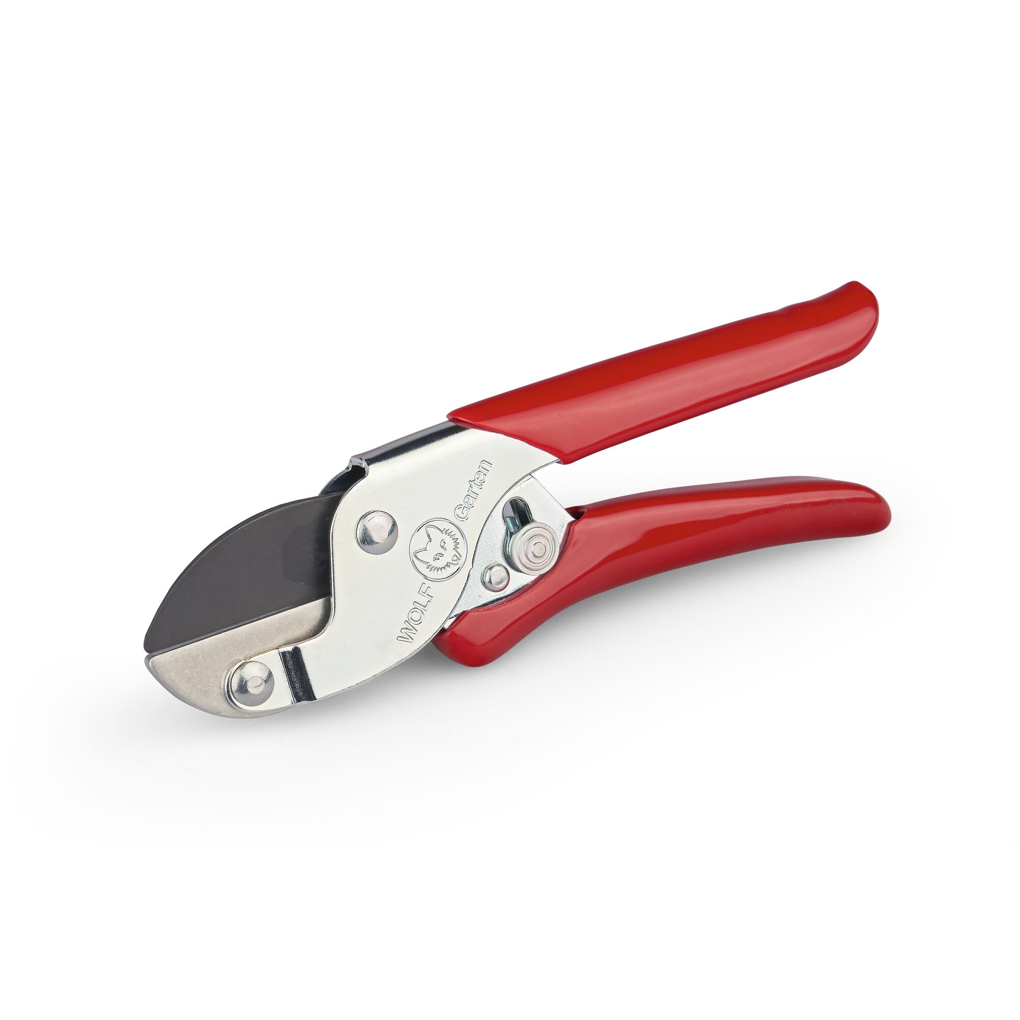 A pair of WOLF Garten garden pruning shears with red handles, shown against a white background.