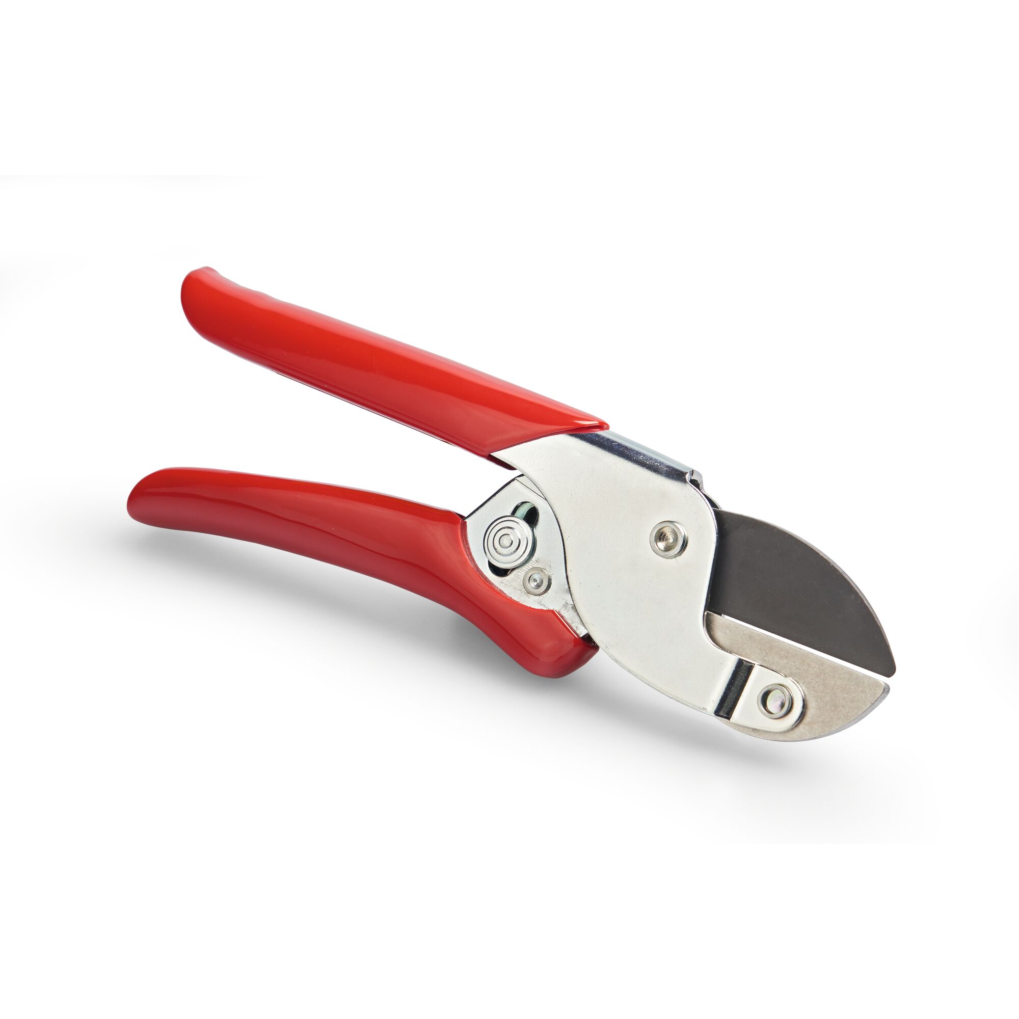 A pair of anvil garden secateurs with red handles and a metal blade, used for pruning plants.