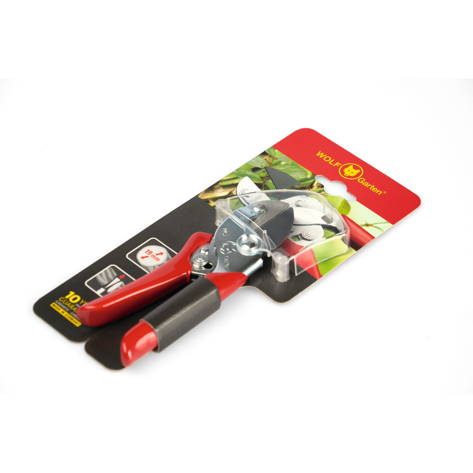 WOLFGarten garden pruning shears in red and black, displayed in retail packaging.