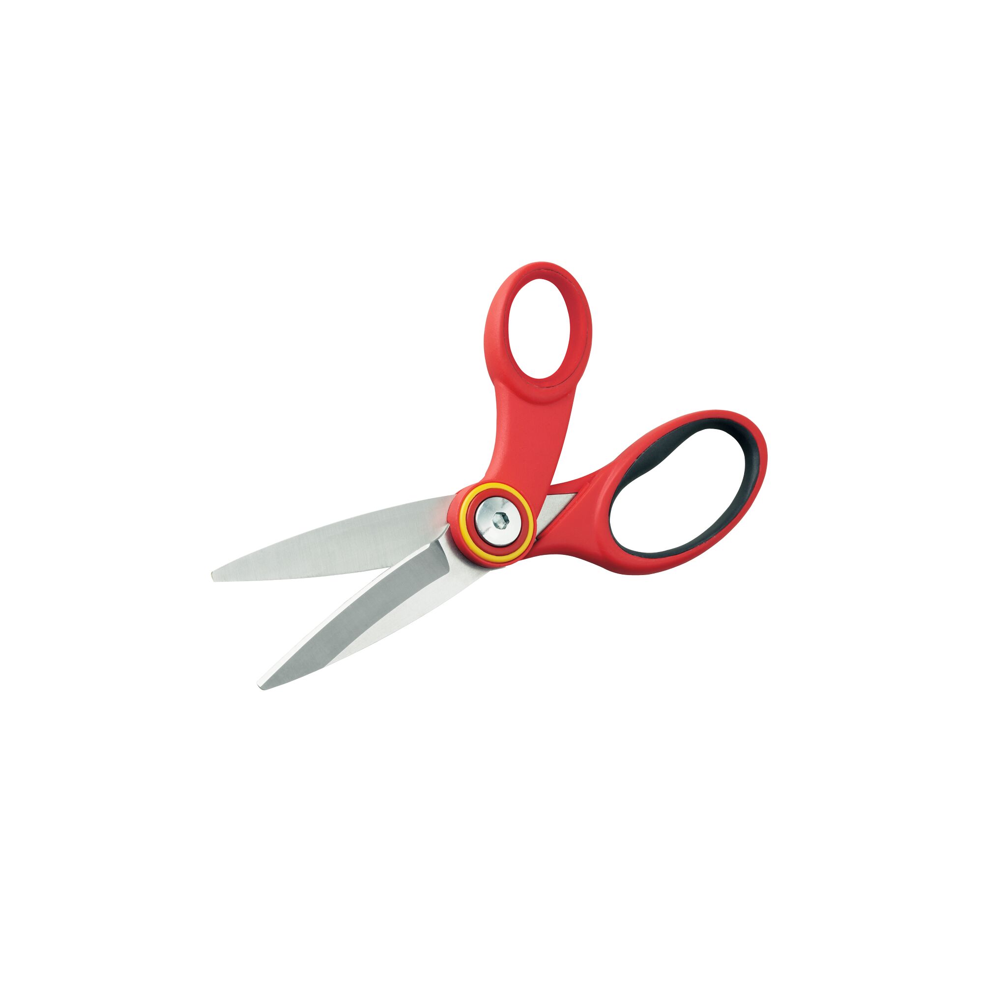 A pair of red-handled scissors with stainless steel blades, featuring a yellow accent near the pivot.