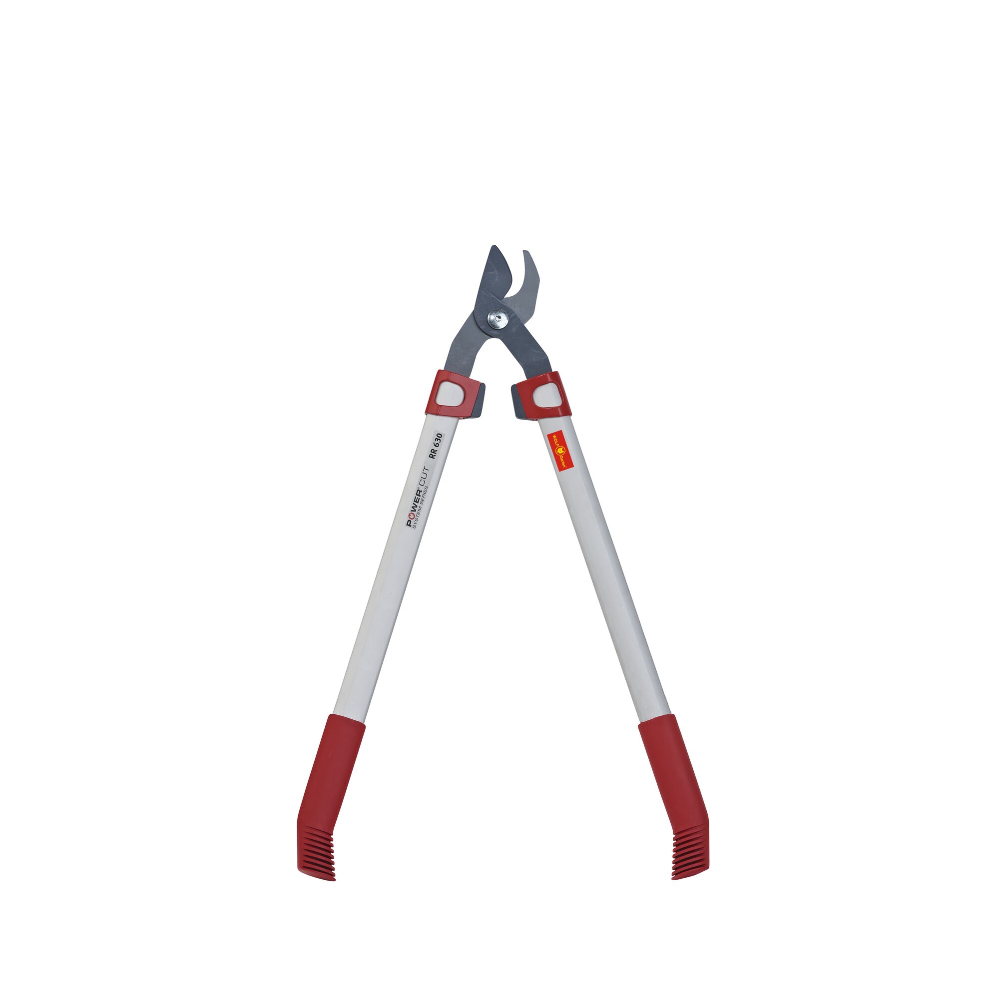 A pair of garden loppers with long silver handles and red grips, designed for cutting branches.