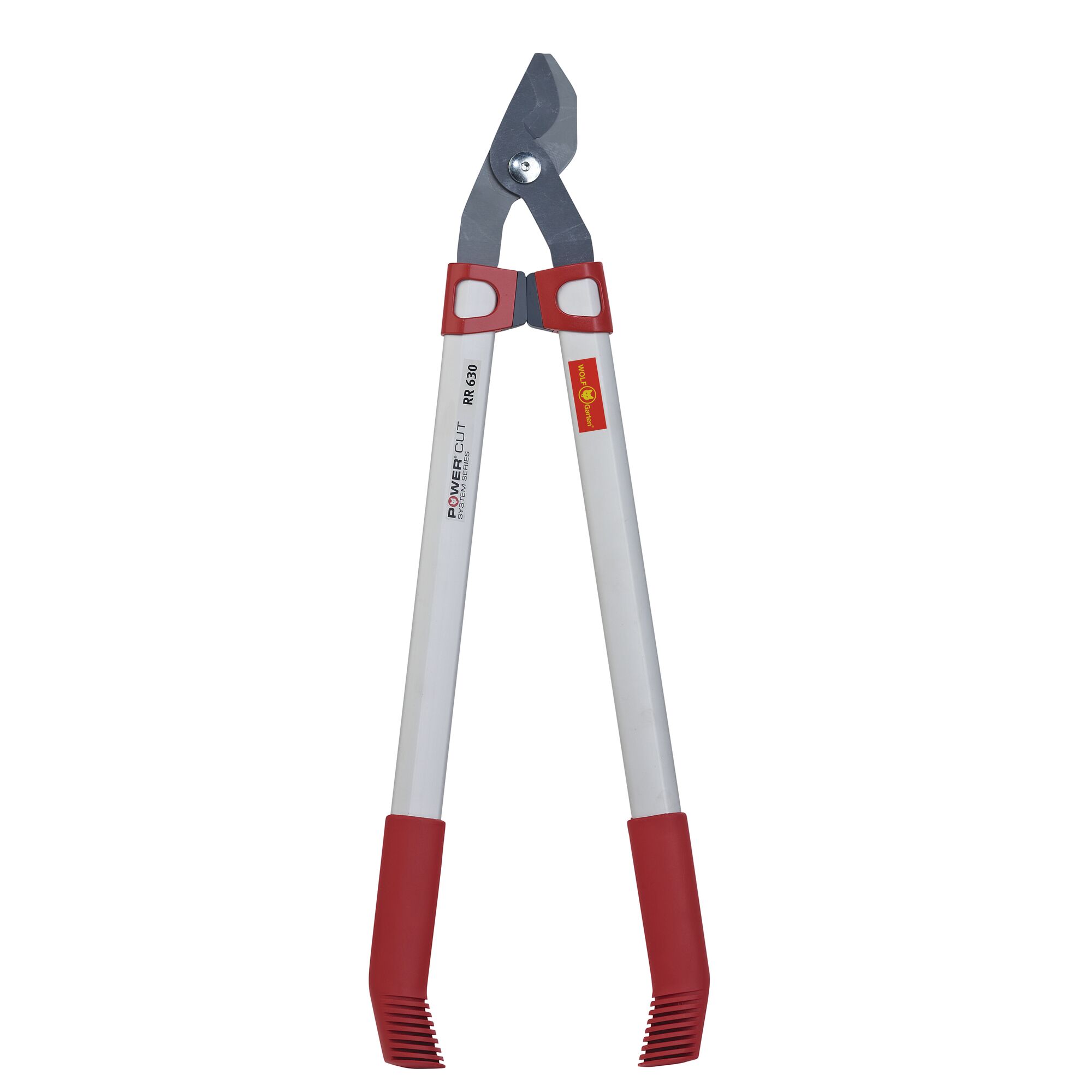 A pair of garden loppers with long silver handles, red and white grips, and a sharp cutting blade.