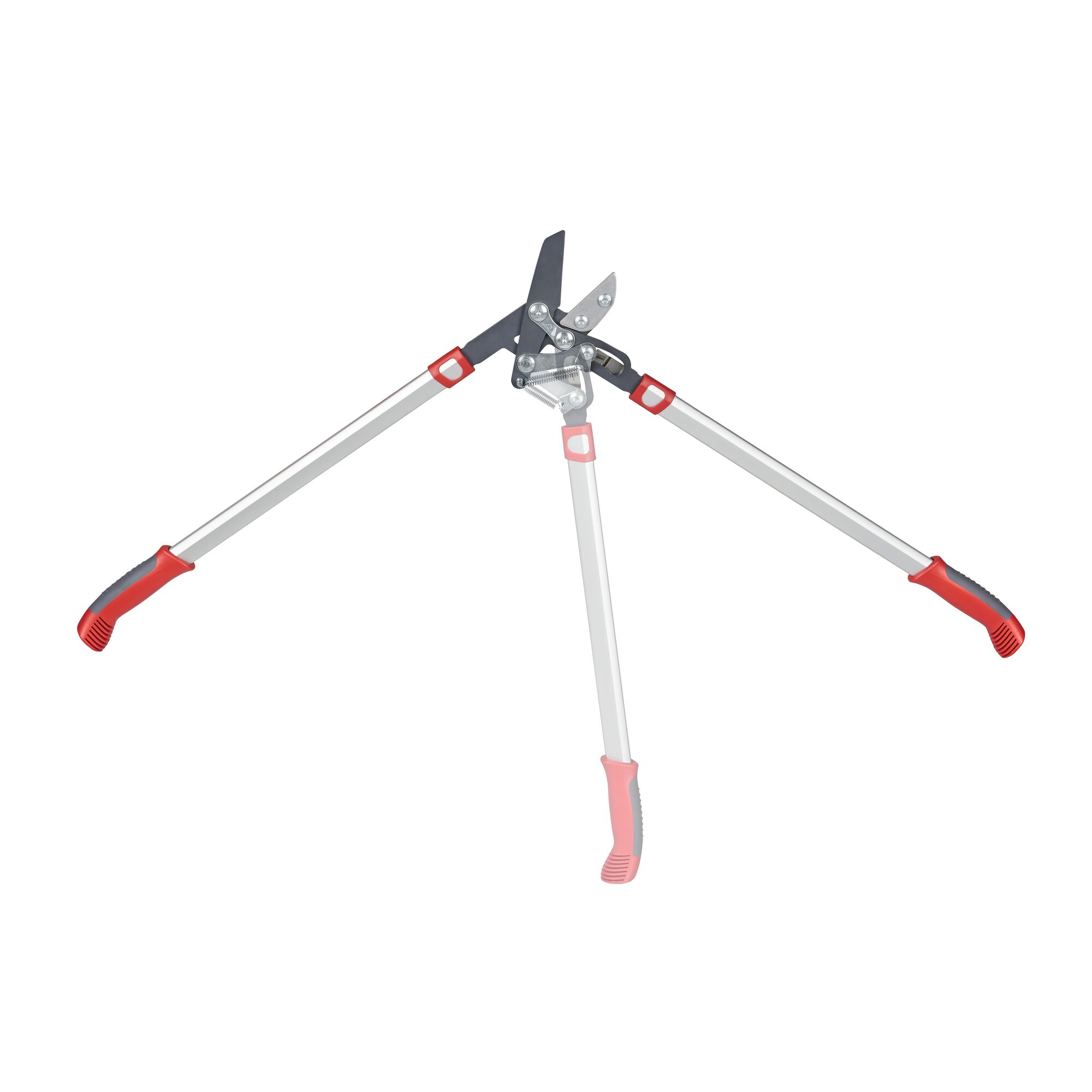 A pair of extendable garden loppers with metal handles and red grips, shown with one handle extended to demonstrate adjustment. The cutting blades are black and metallic, suitable for pruning branches.