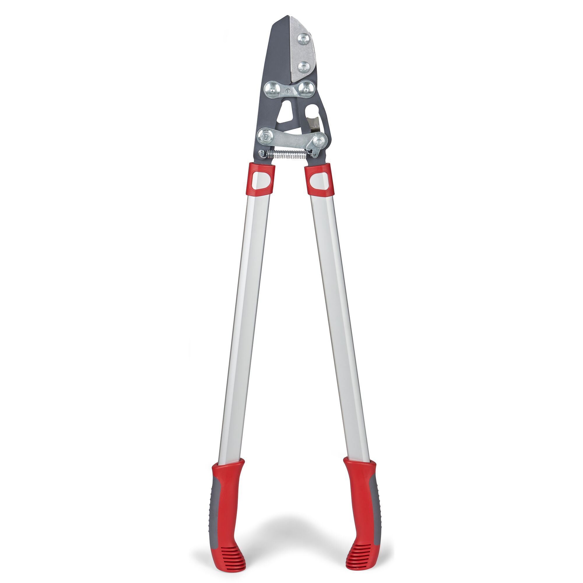 A pair of garden loppers with long silver handles and red grips, featuring sharp cutting blades designed for pruning branches.