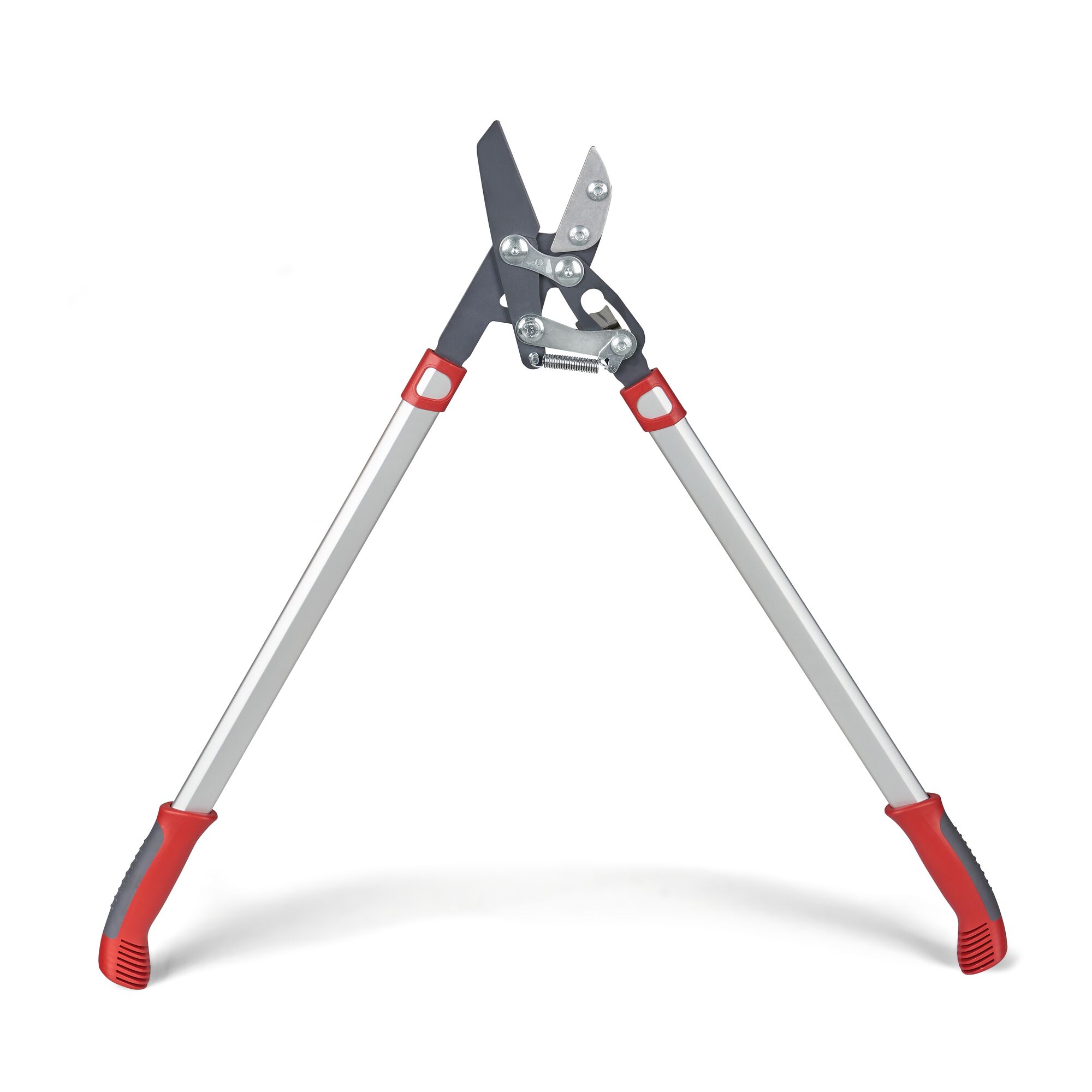 A pair of garden loppers with metal handles and red grips, designed for cutting branches. The blades are black and silver, and the tool is shown against a white background.