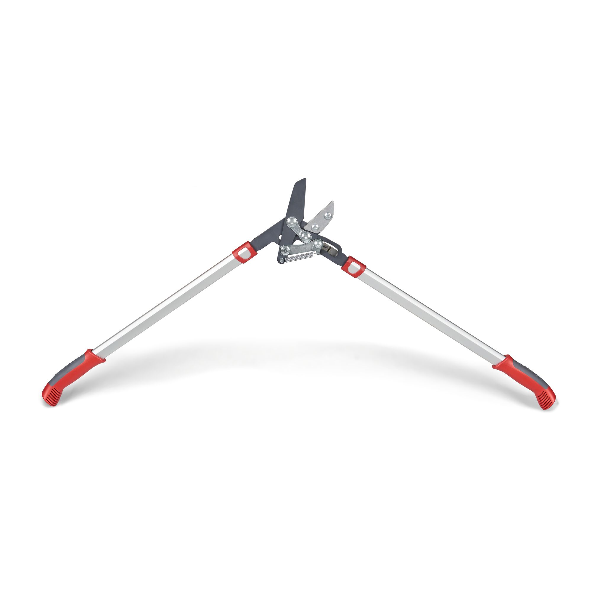 A pair of long-handled garden loppers with red and gray handles and a sharp cutting blade. The tool is designed for pruning branches and is positioned against a white background.
