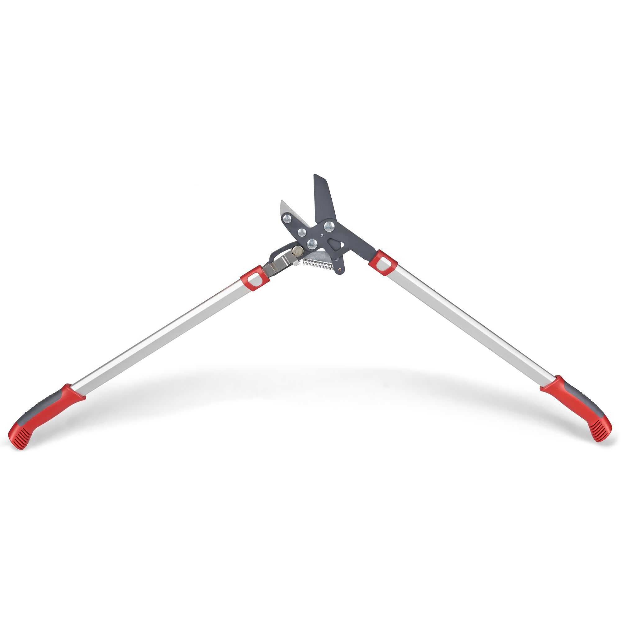 A pair of long-handled garden loppers with a metal blade and red grip handles, designed for cutting branches.