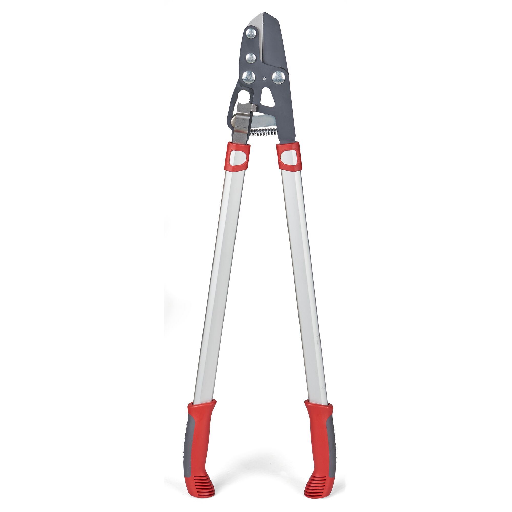 A pair of garden loppers with long silver handles and red grips, designed for cutting branches. The blades are dark-colored and the tool is standing upright against a white background.