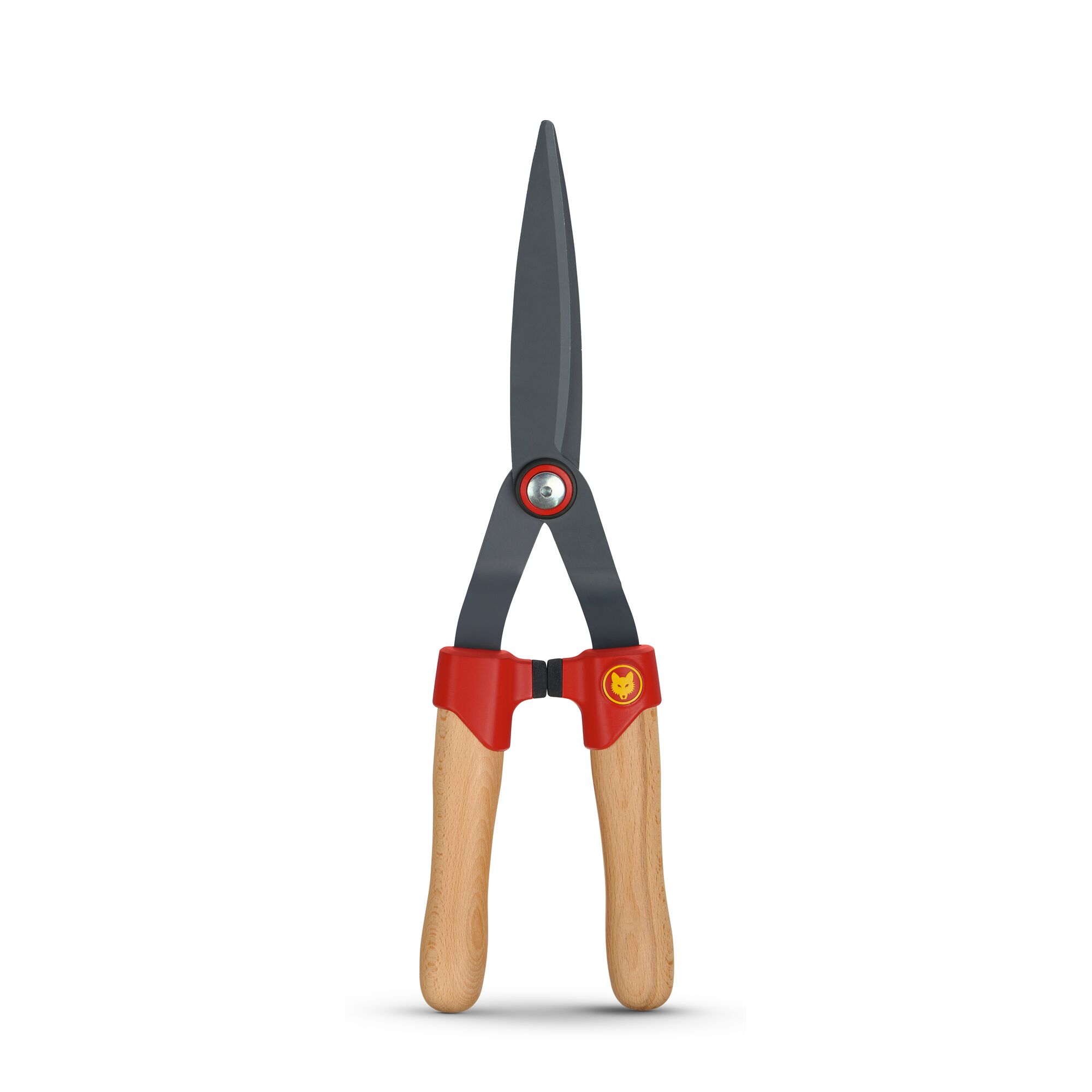 Garden hedge shears with wooden handles and black blades, featuring red accents and a WOLFGarten logo.