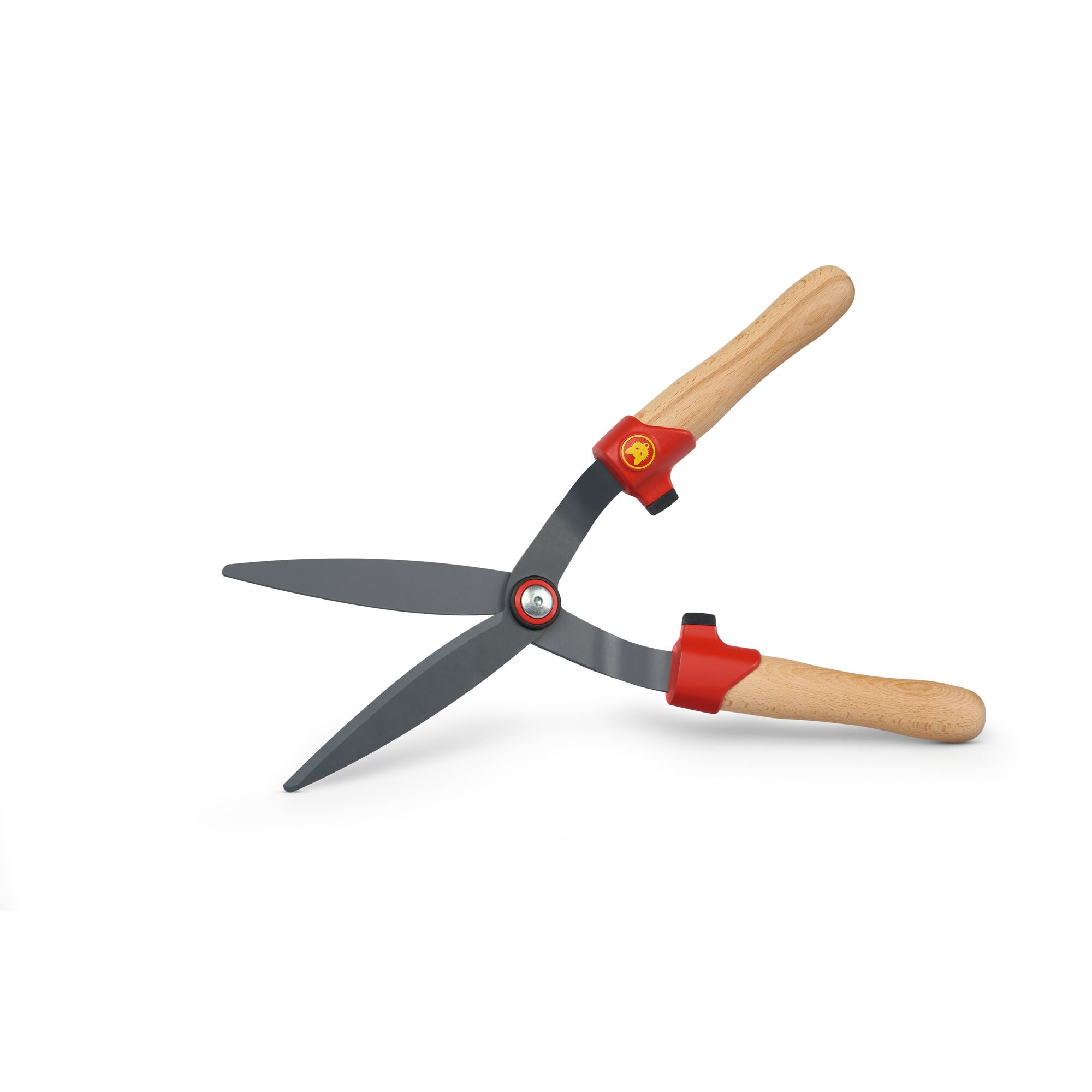 A pair of garden hedge shears with wooden handles and red accents, featuring sharp black blades. The shears are shown open against a white background.