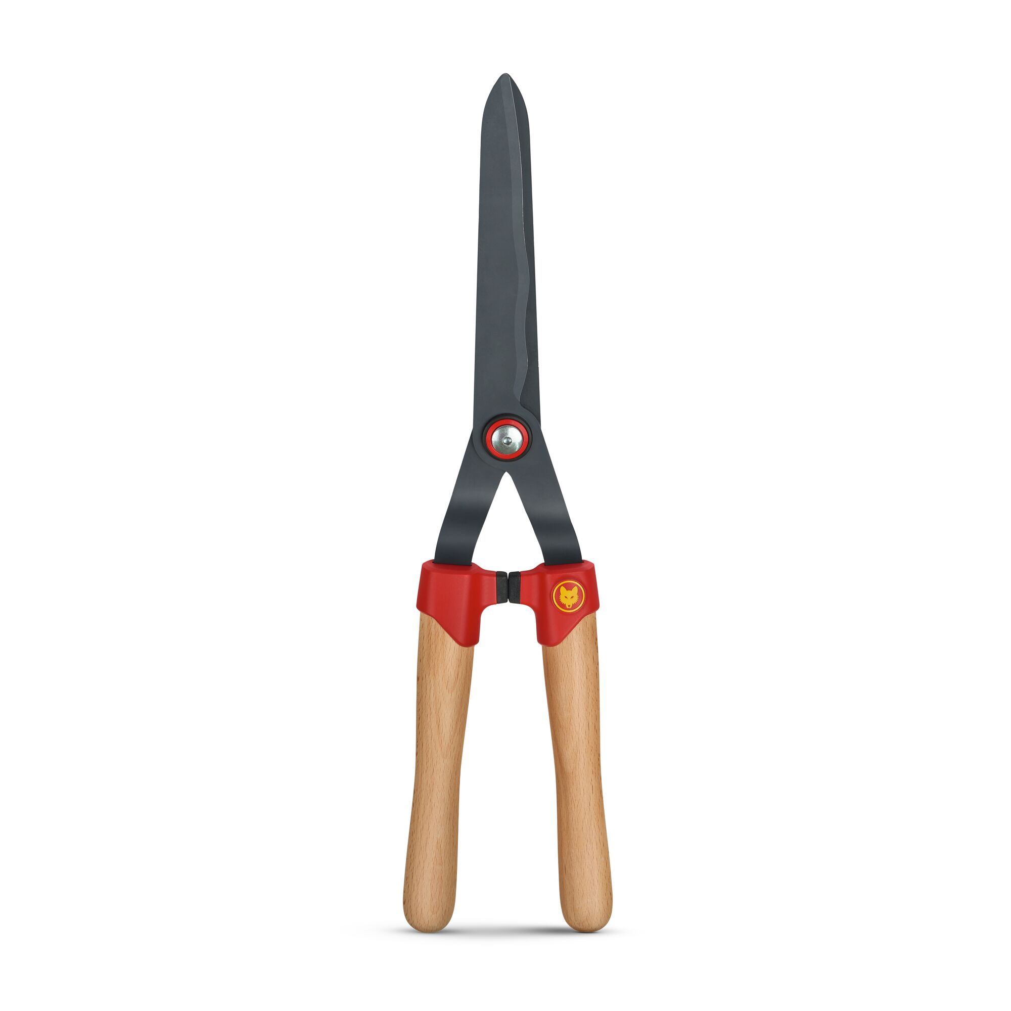A pair of garden hedge shears with wooden handles and black blades, featuring red accents around the joint area.