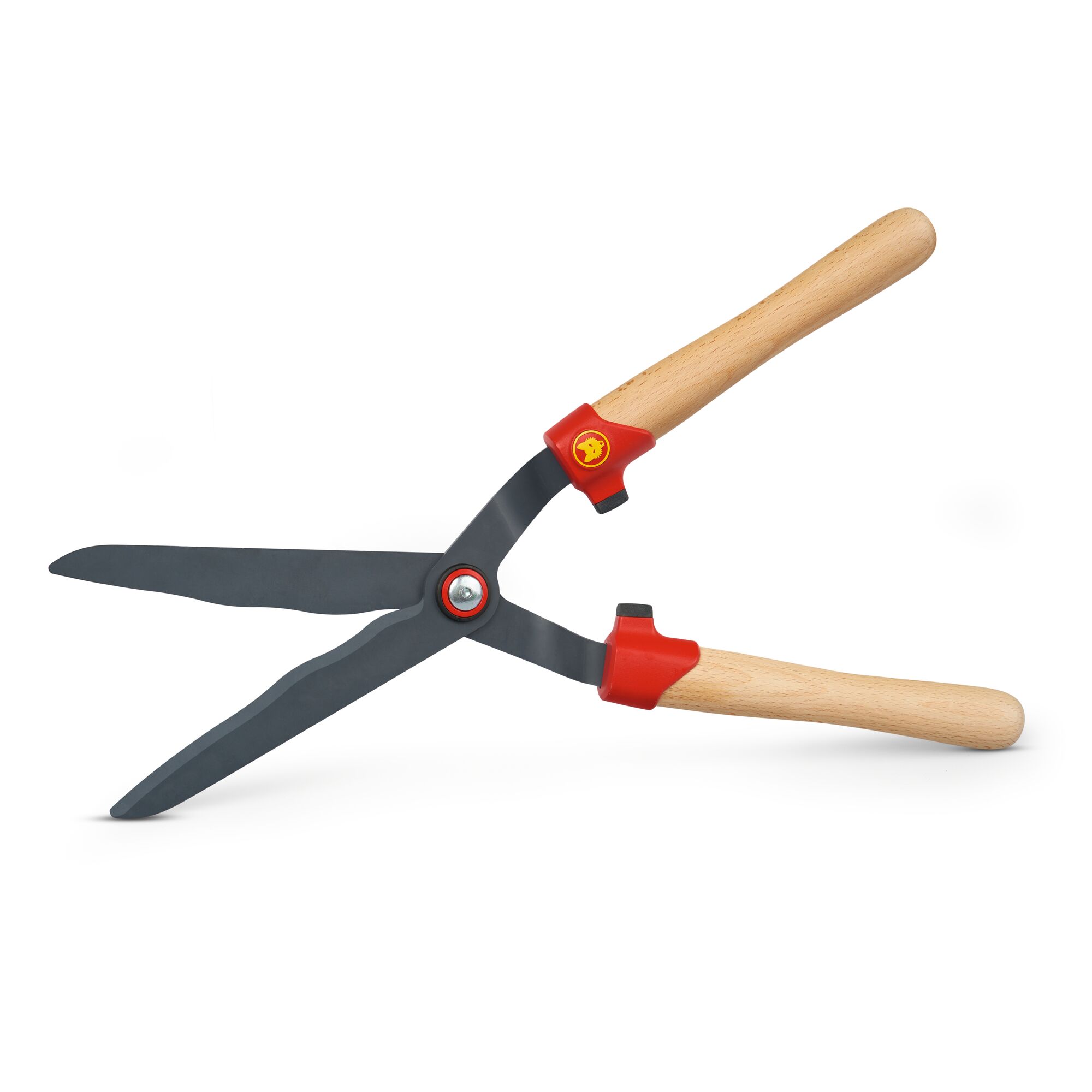 A pair of garden hedge shears with wooden handles and black metal blades, featuring red and yellow accents near the pivot joint.