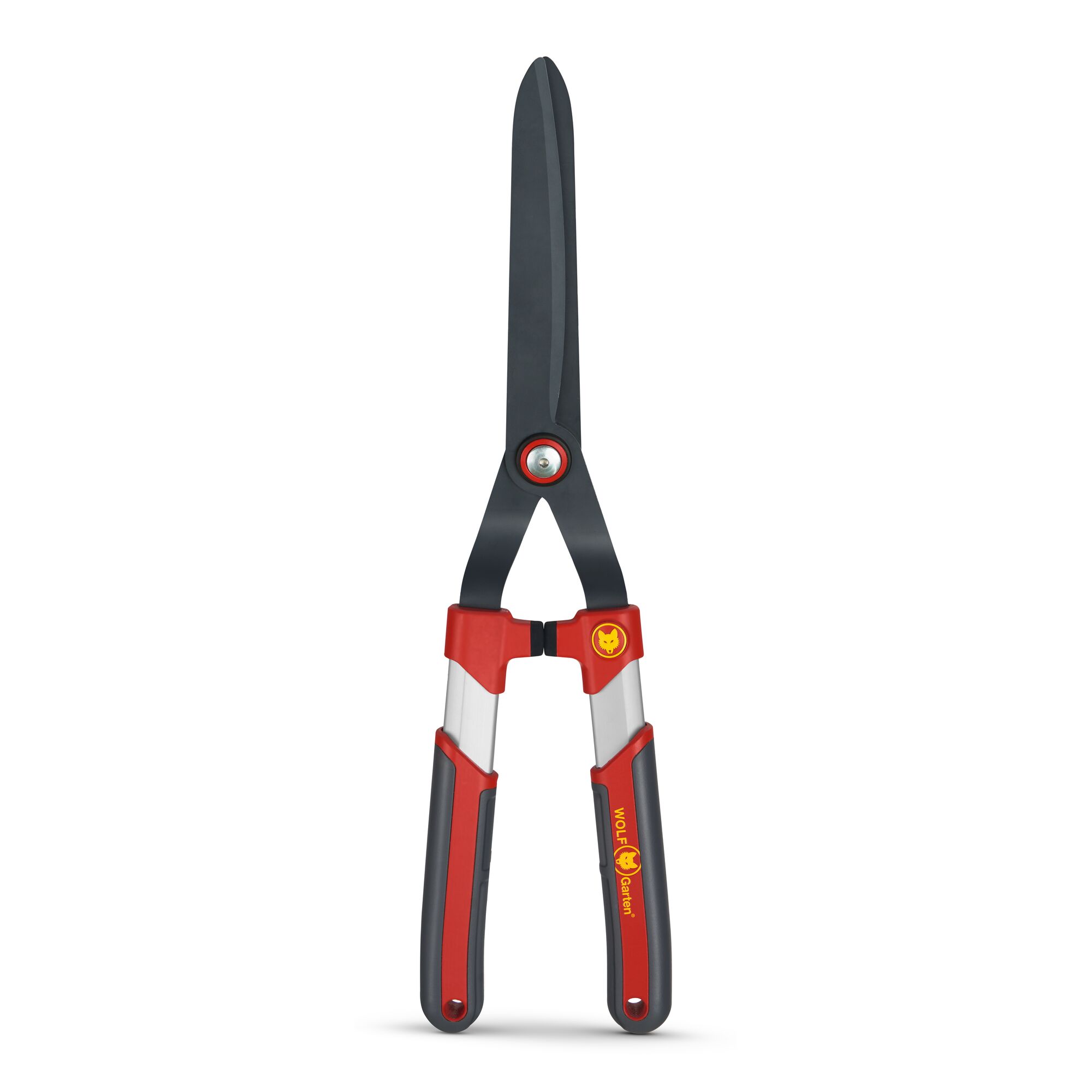 A pair of hedge shears with black blades and red and silver handles, branded with WOLFGarten logo.
