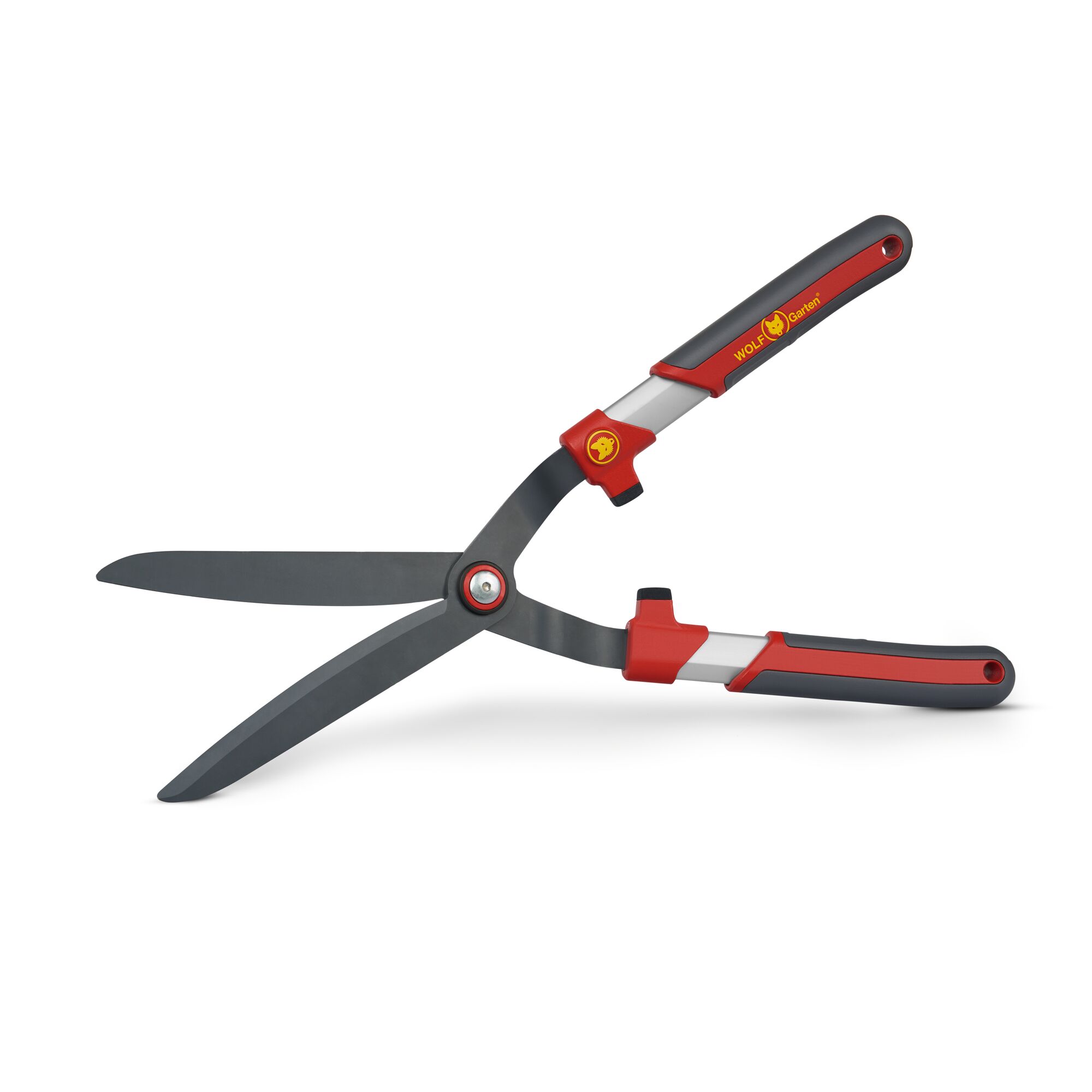 A pair of garden hedge shears with red and gray handles and black blades, branded WOLFGarten.