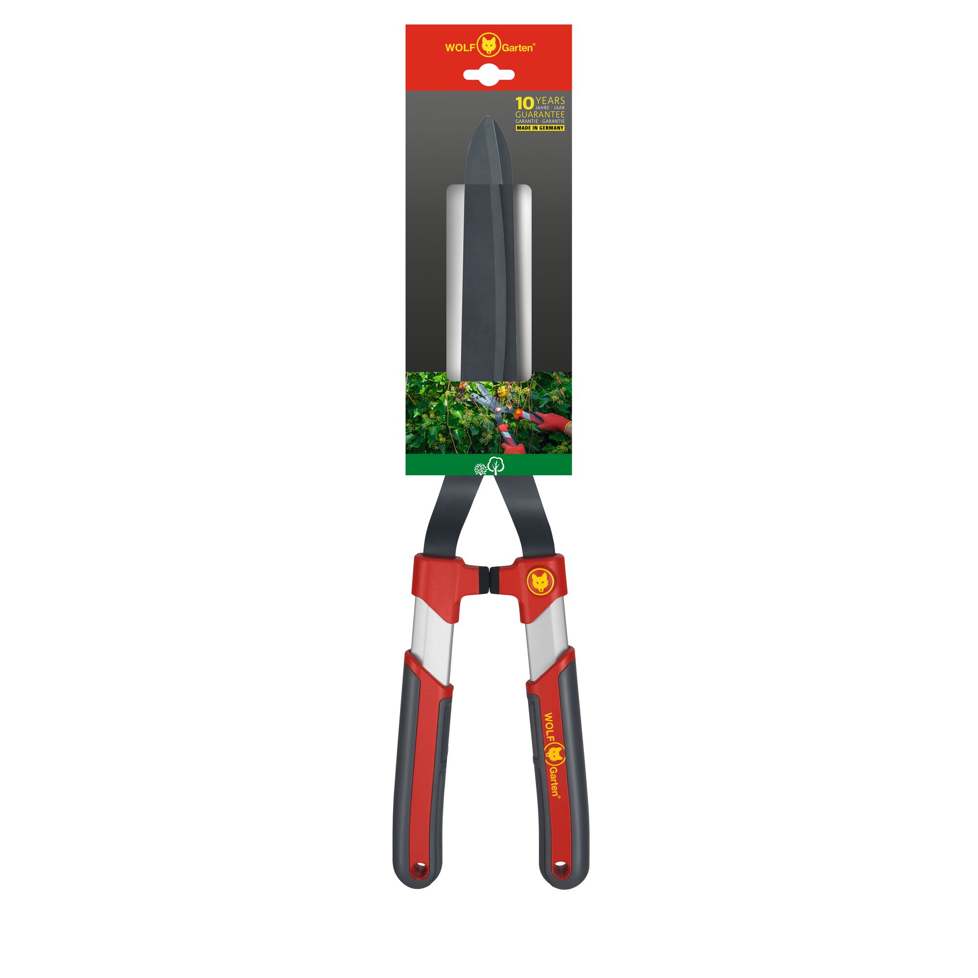 A pair of WOLFGarten garden hedge shears with red and black handles in its packaging, featuring the brand logo and a 10-year guarantee label.